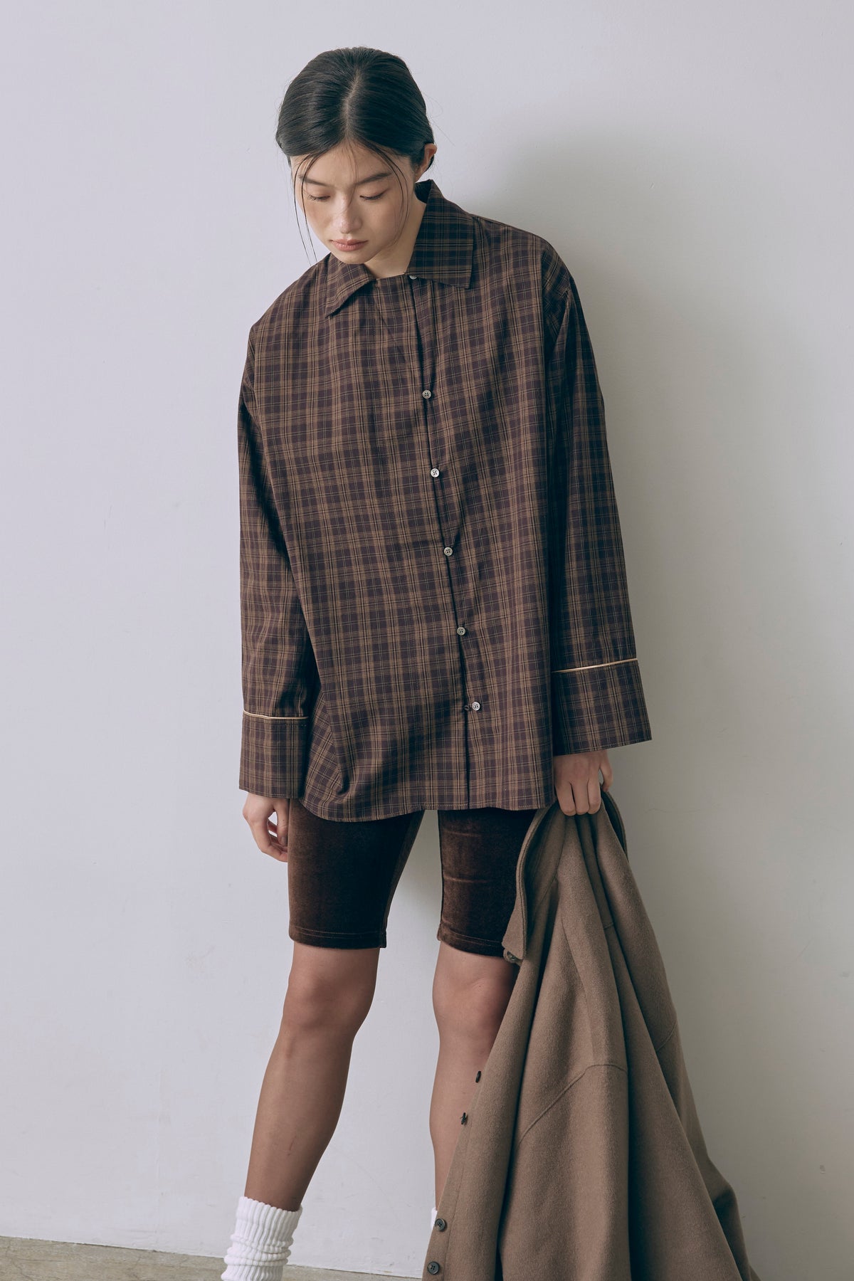 Satin Piping Checked Pajama Shirt