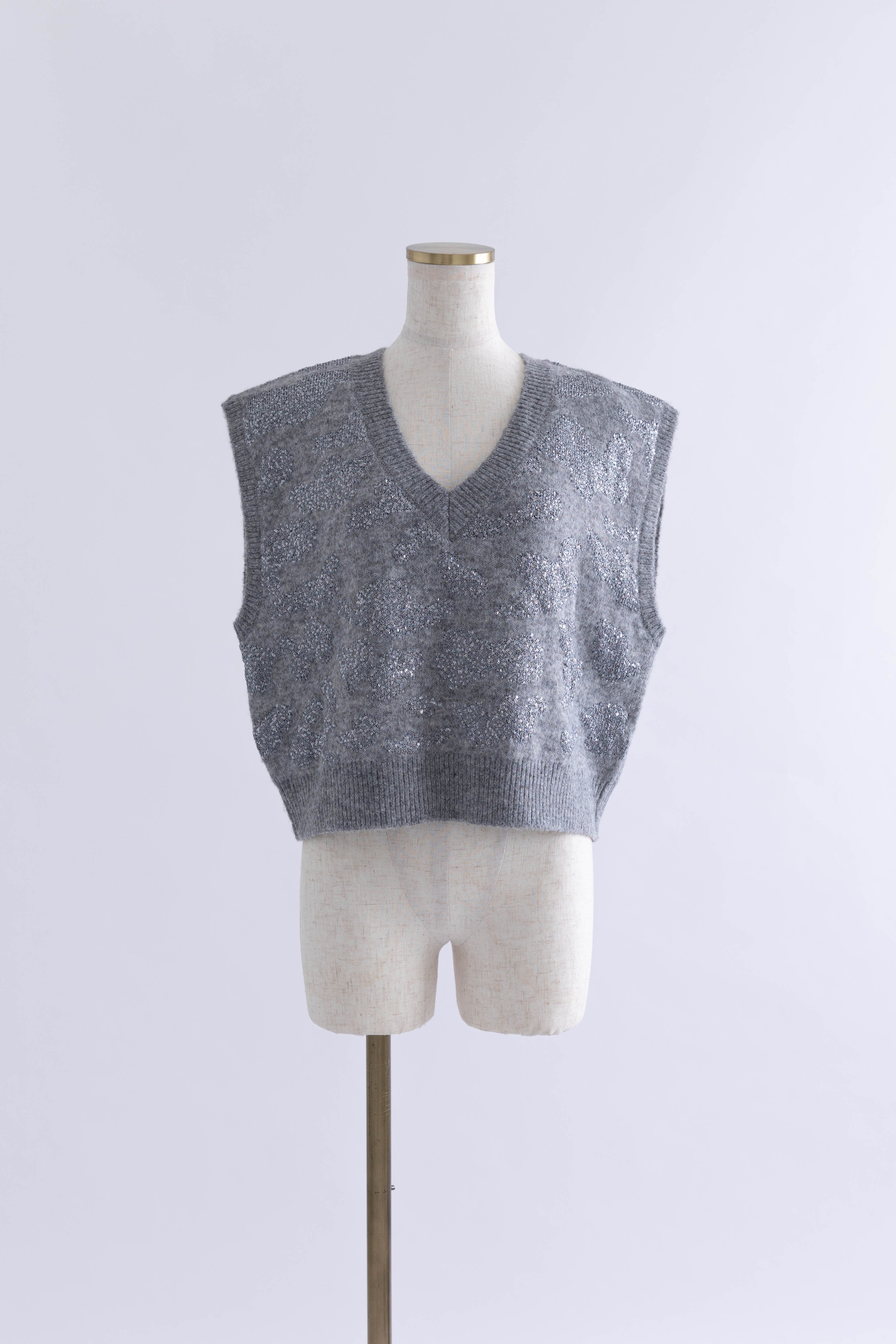 Sequin Jacquard Knit Vest 杢グレー