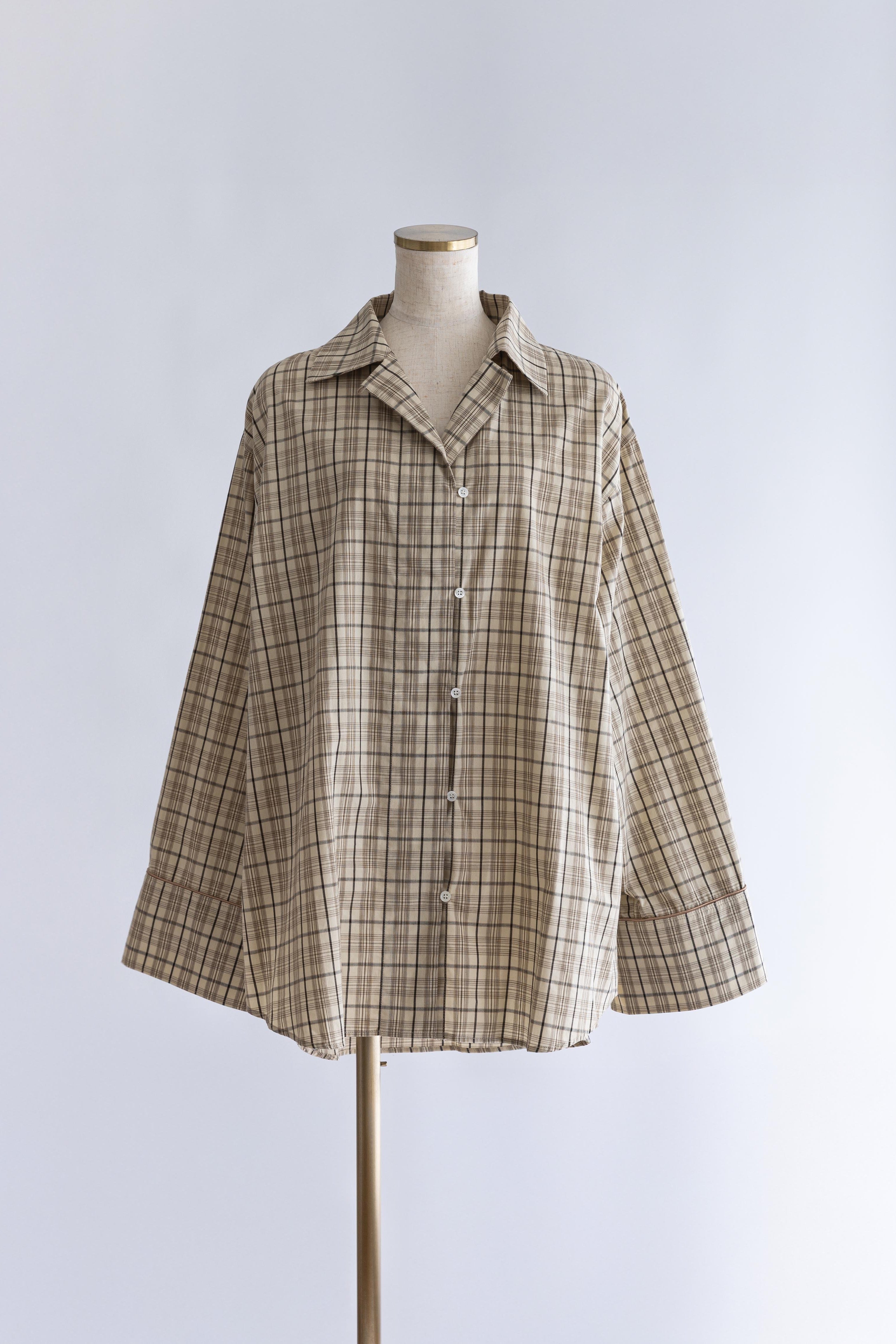 Satin Piping Checked Pajama Shirt ライトベージュ