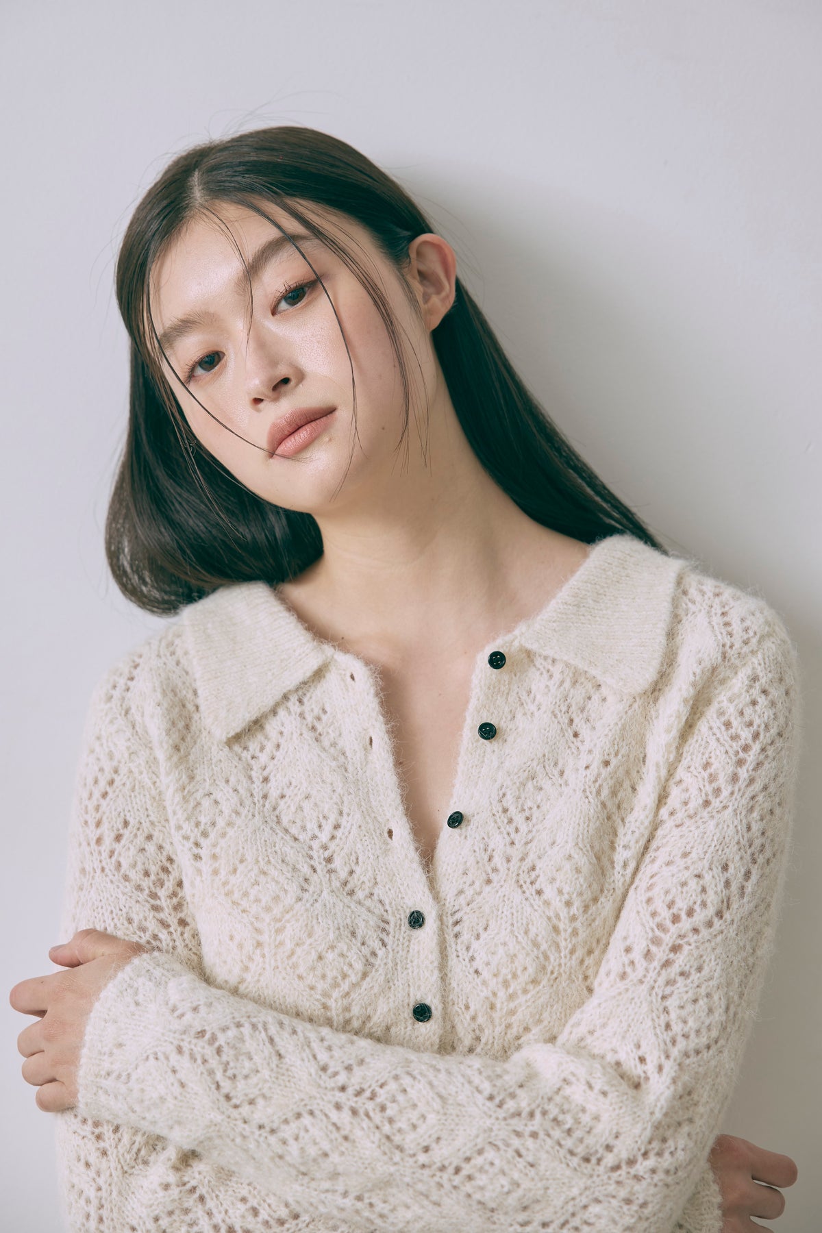 Mohair-Like Open Knit Polo アイボリー