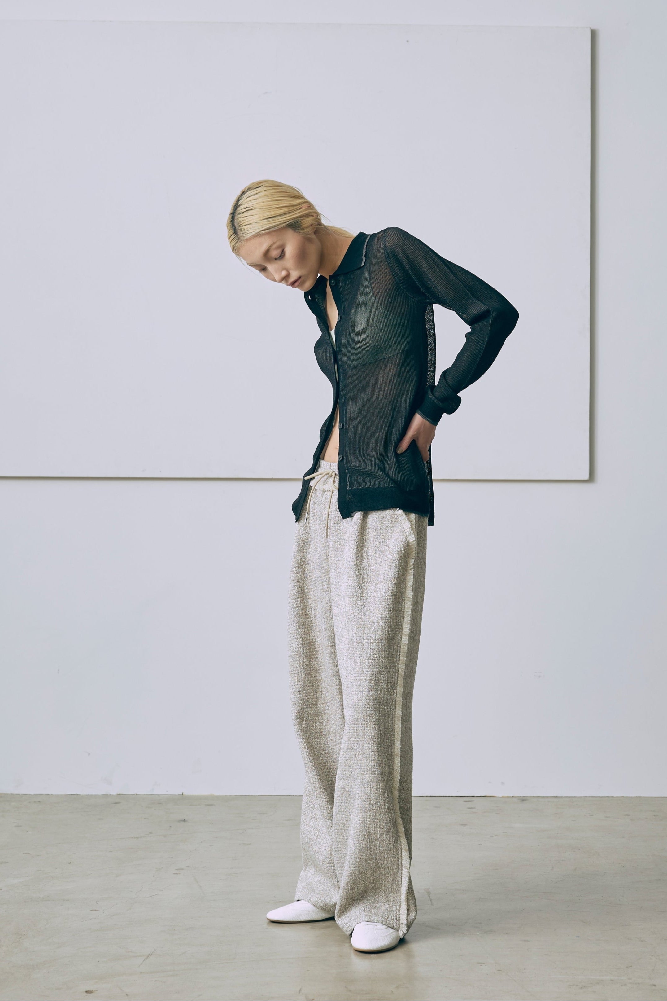 Linen-Feel Color-Block Tunic Cardigan ブラック