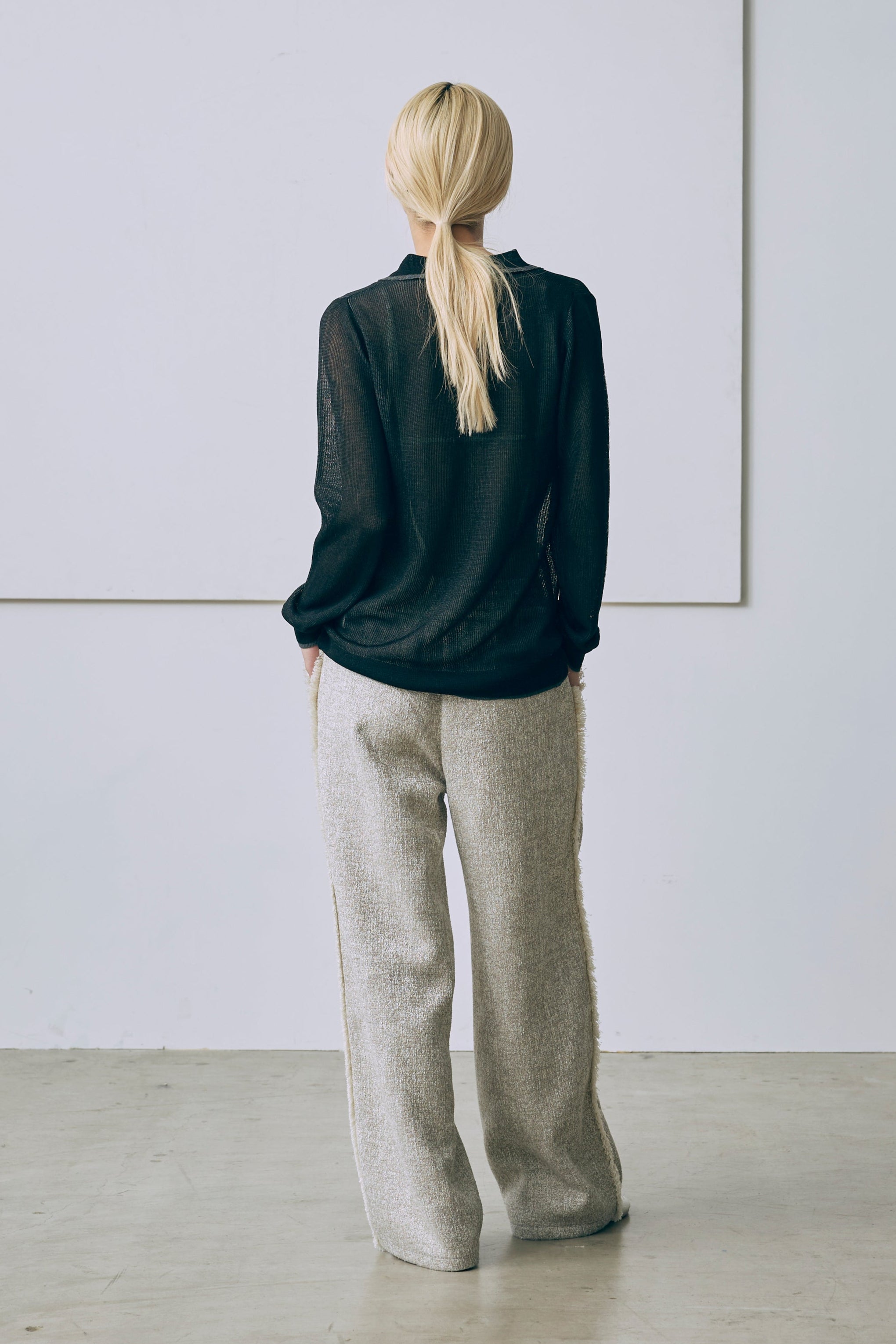 Linen-Feel Color-Block Tunic Cardigan ブラック