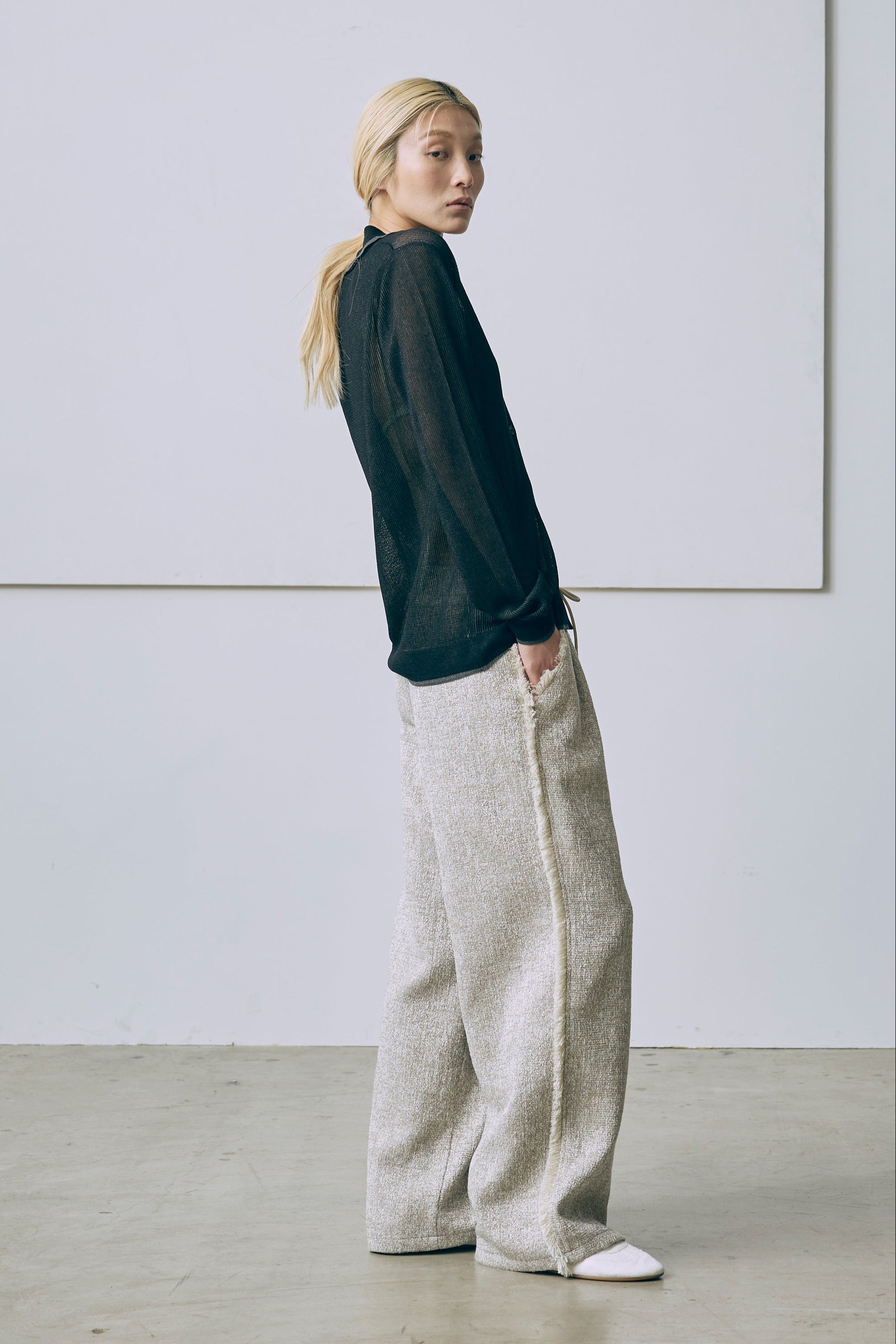 Linen-Feel Color-Block Tunic Cardigan ブラック