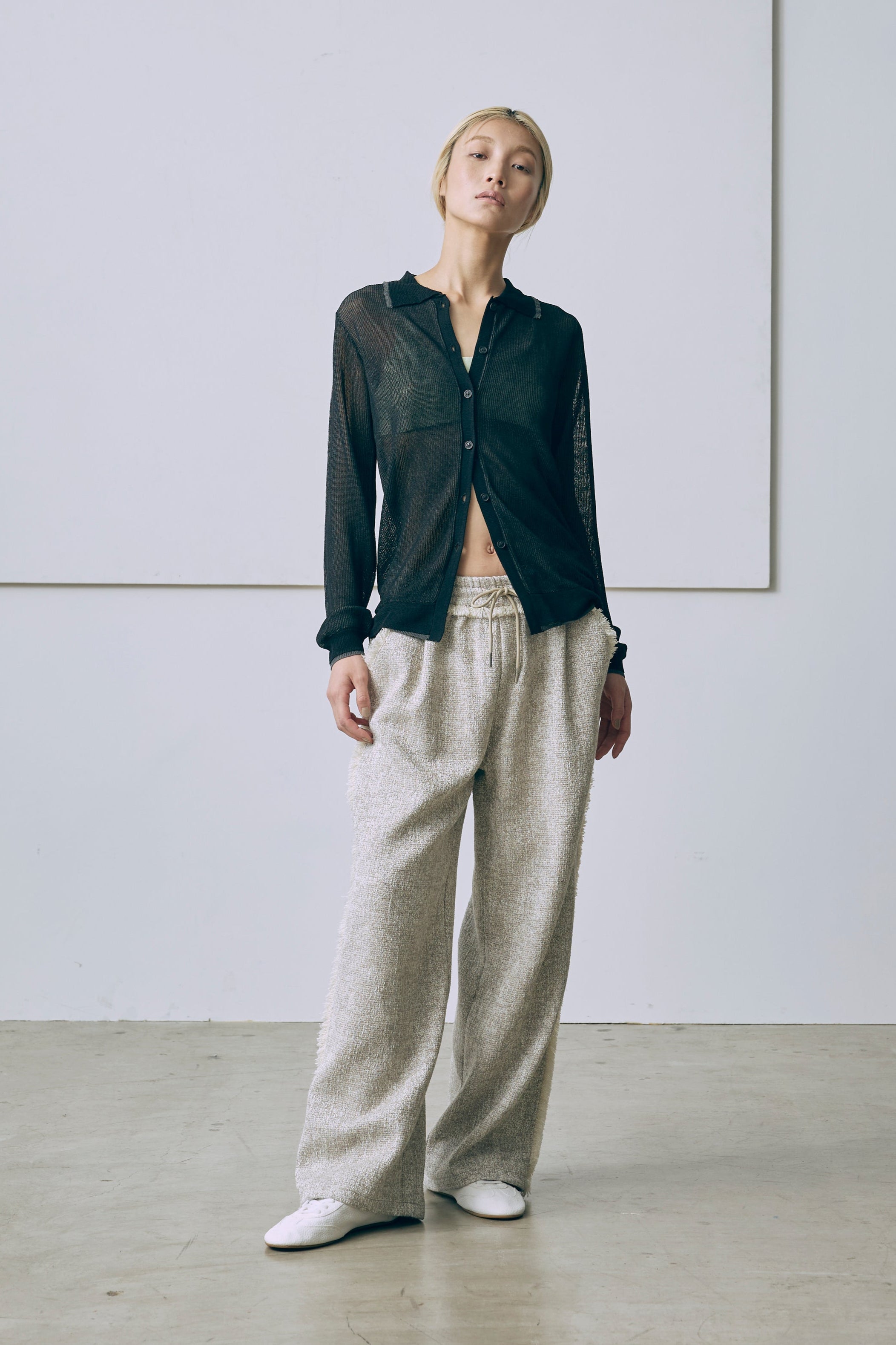 Linen-Feel Color-Block Tunic Cardigan ブラック