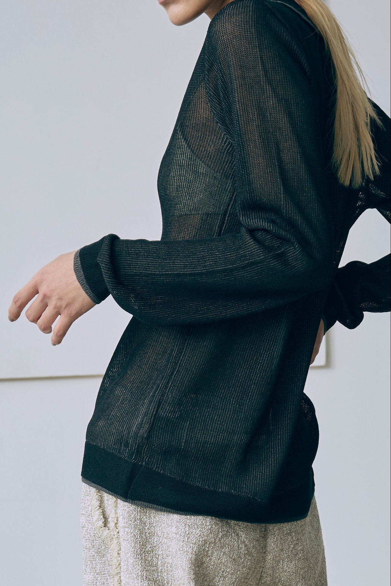 Linen-Feel Color-Block Tunic Cardigan ブラック