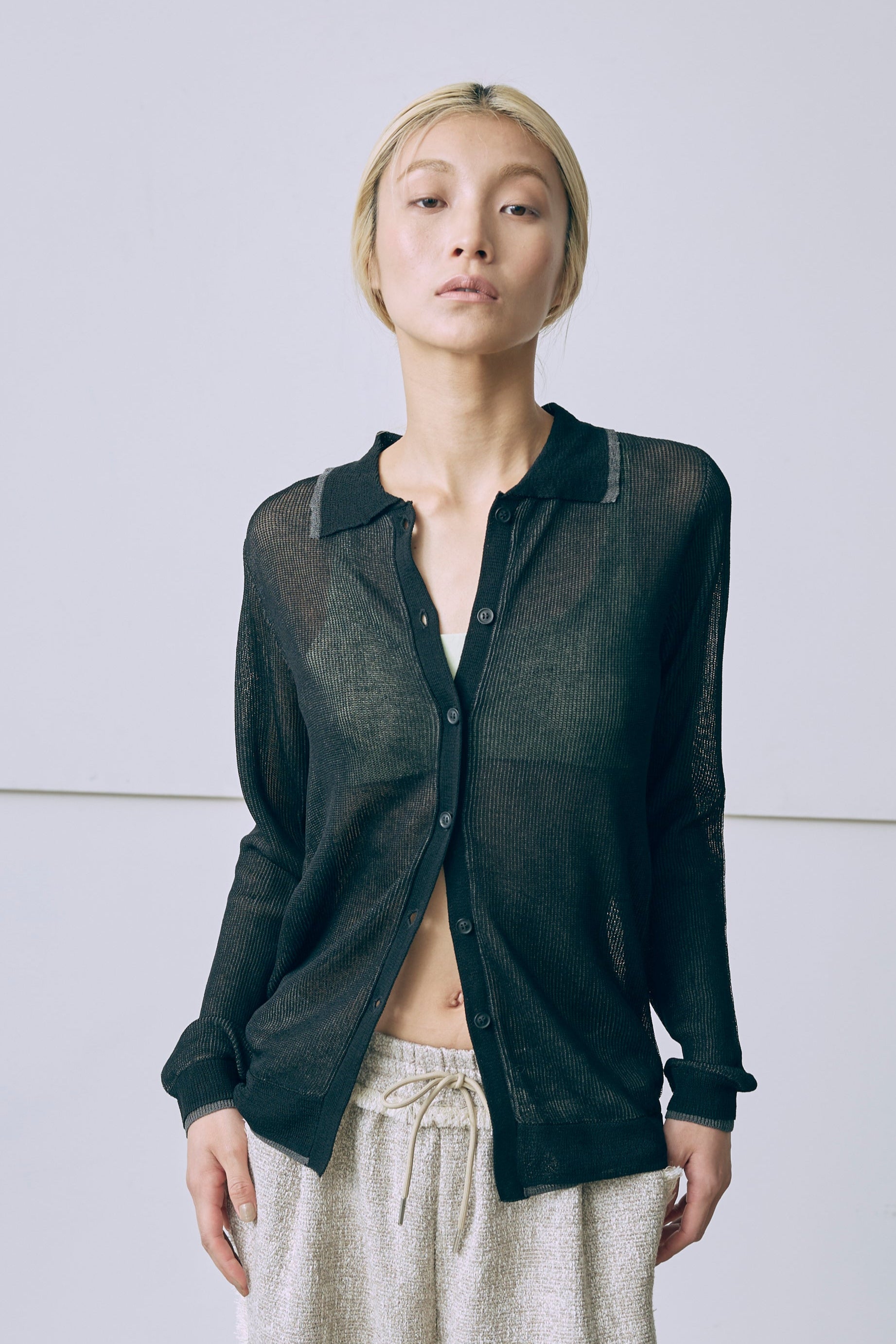 Linen-Feel Color-Block Tunic Cardigan ブラック