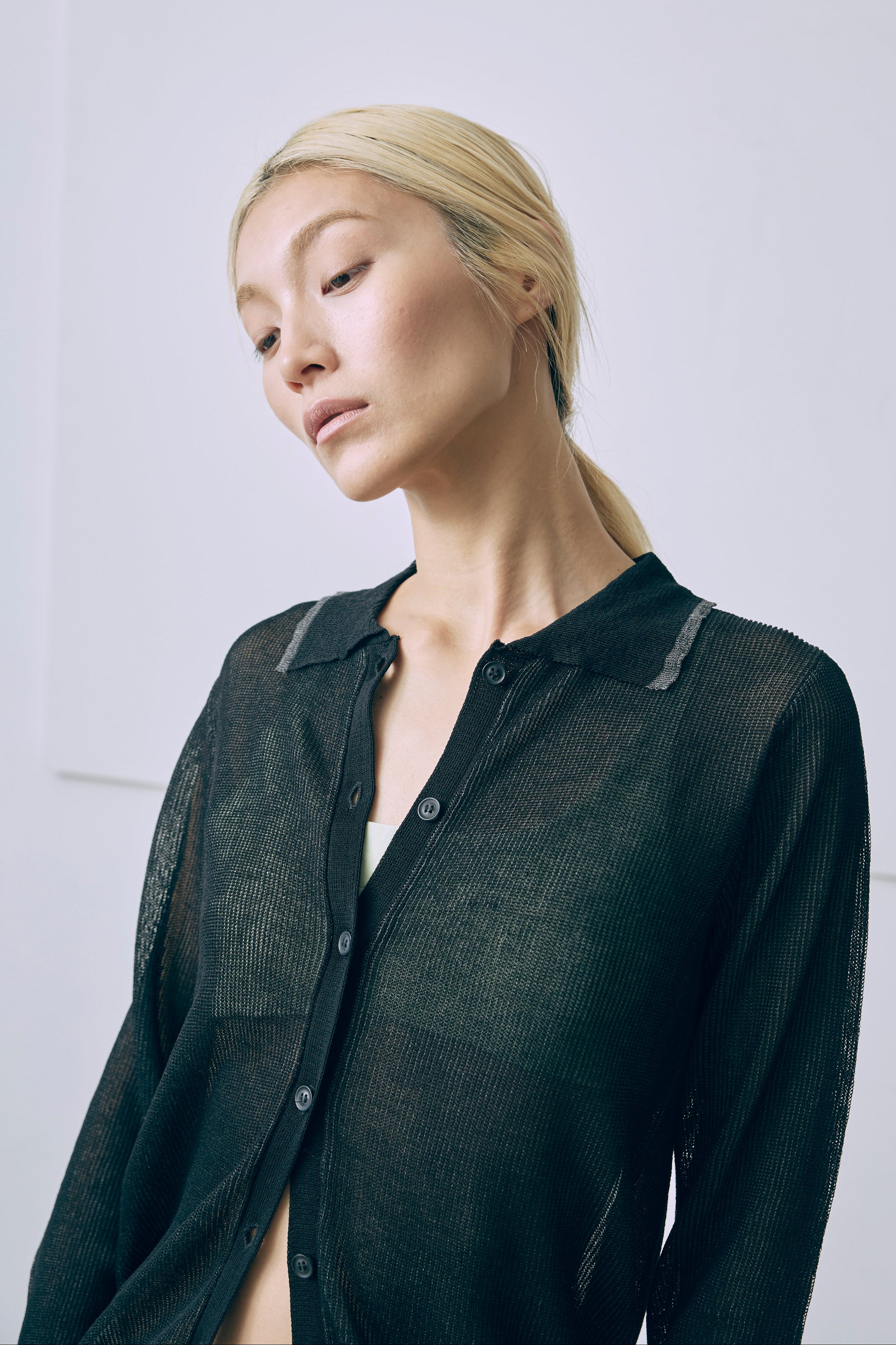 Linen-Feel Color-Block Tunic Cardigan ブラック