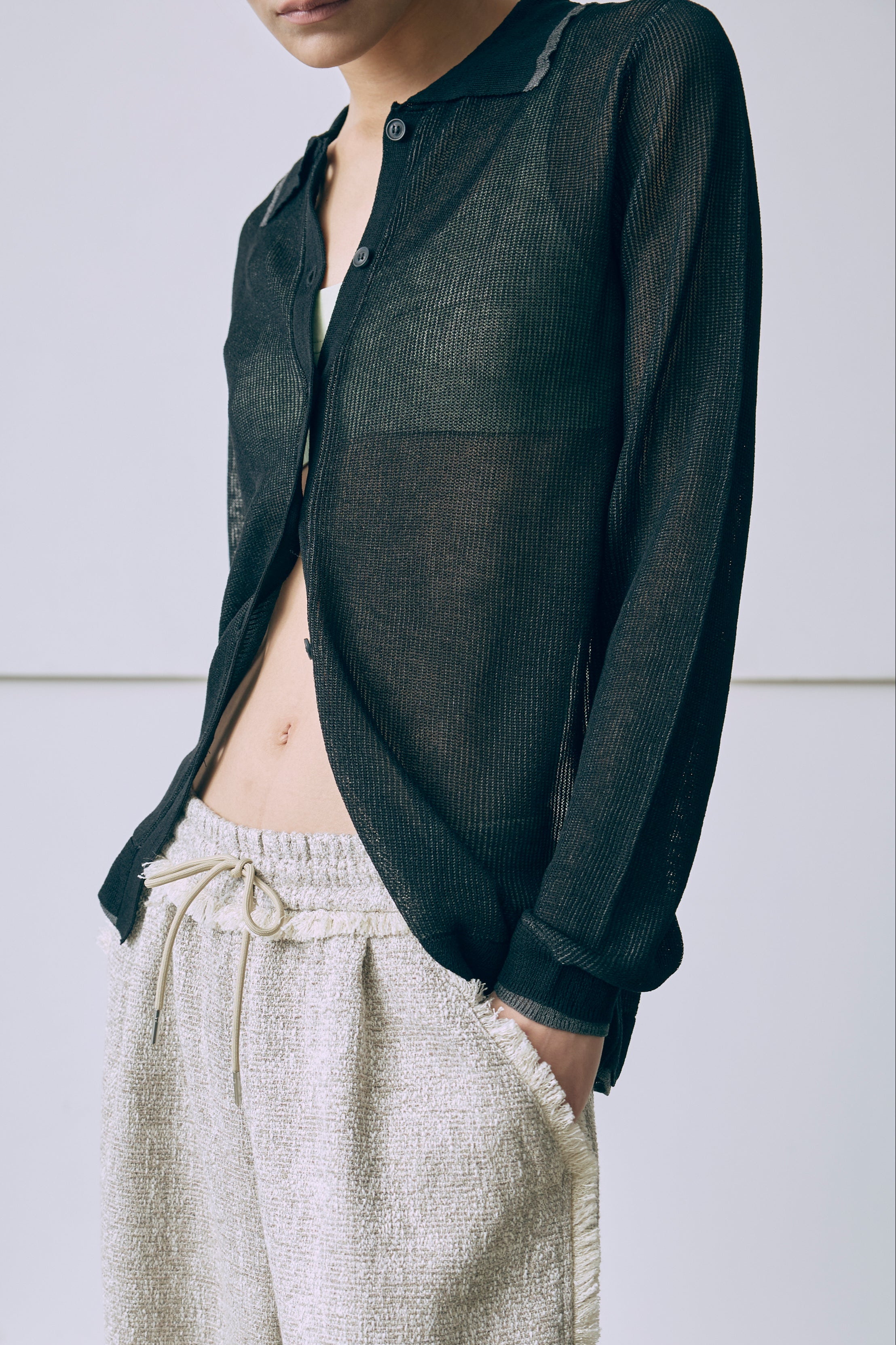 Linen-Feel Color-Block Tunic Cardigan ブラック