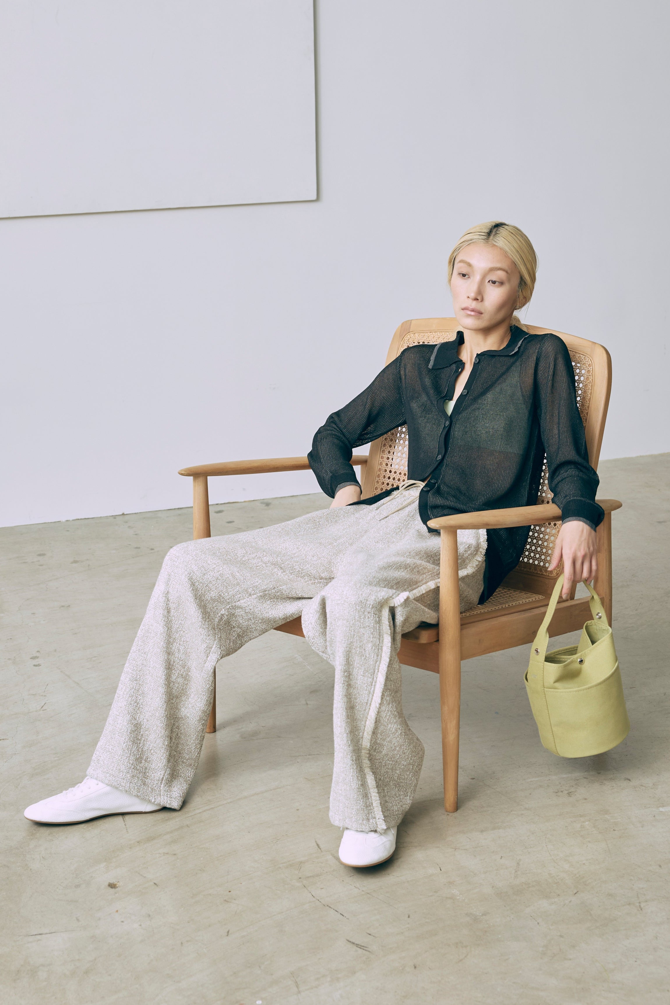 Linen-Feel Color-Block Tunic Cardigan ブラック