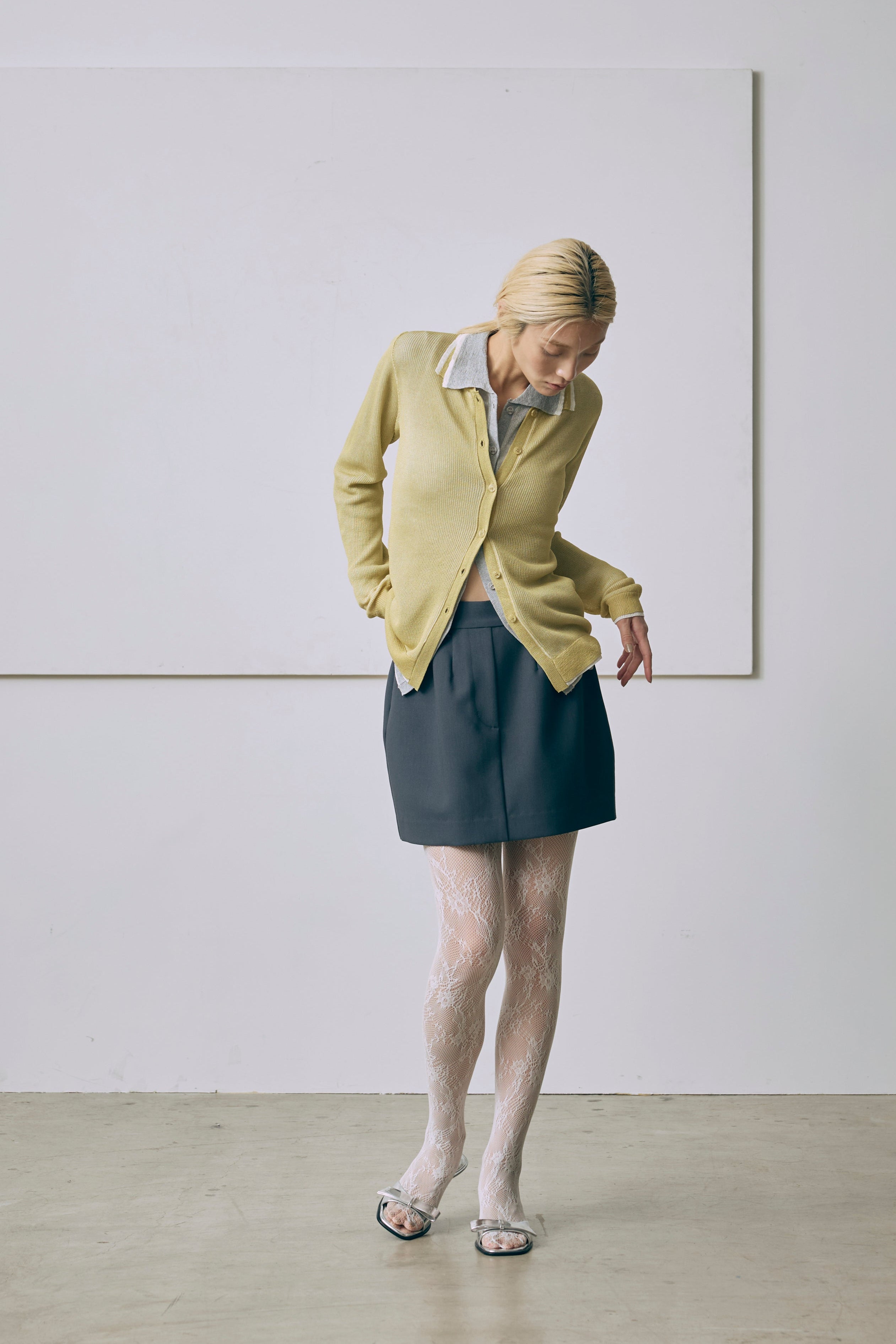 Linen-Feel Color-Block Tunic Cardigan イエロー