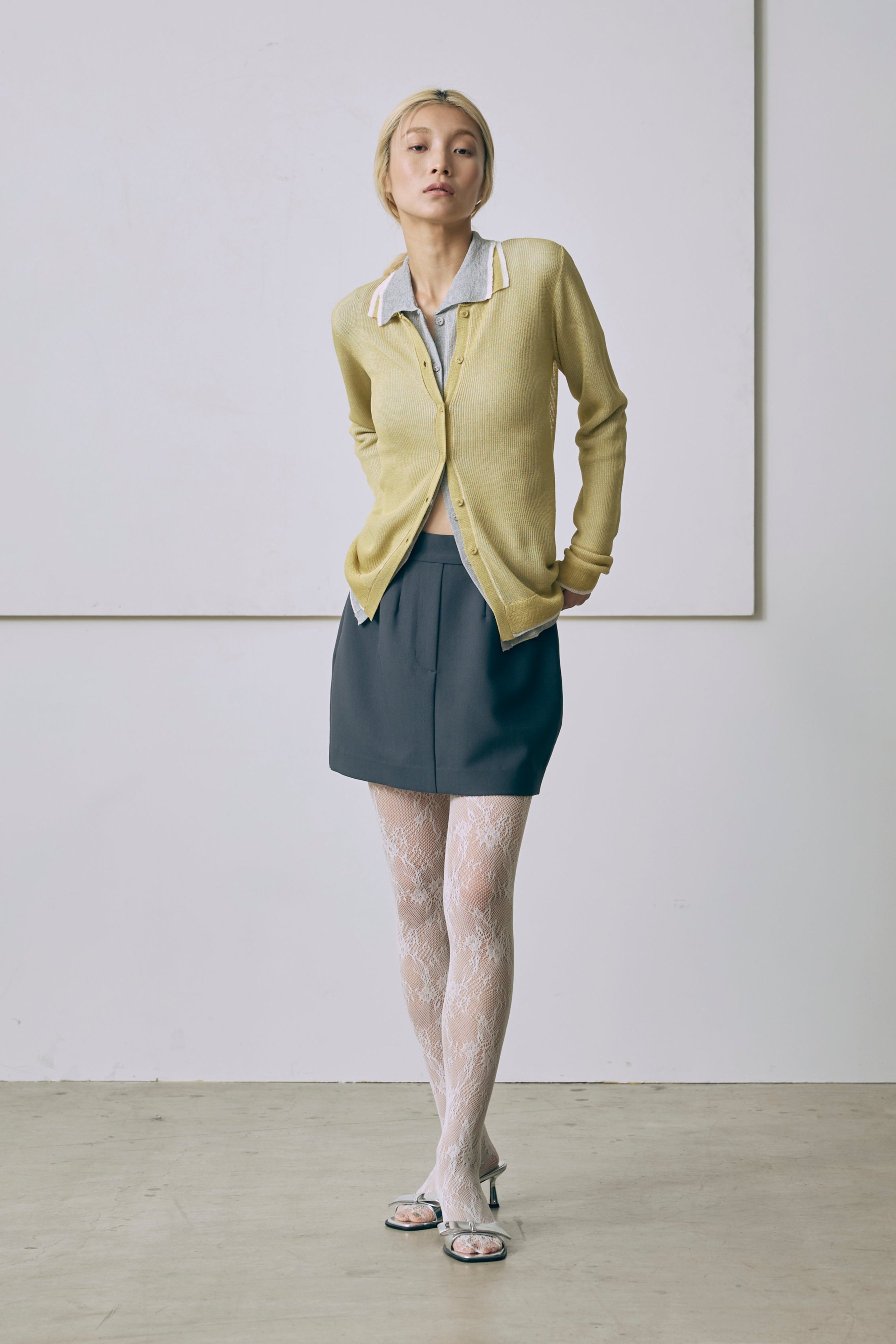Linen-Feel Color-Block Tunic Cardigan イエロー