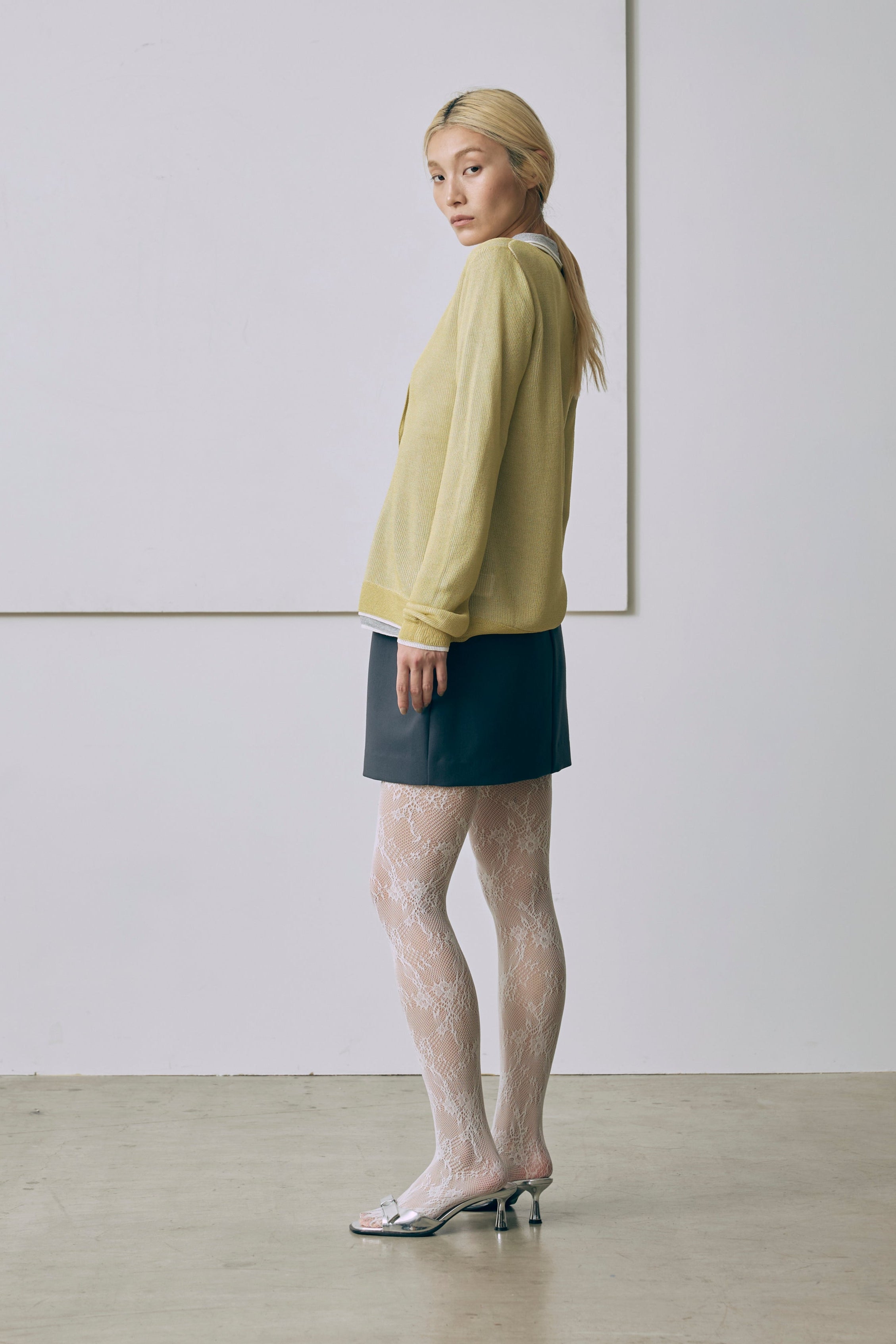 Linen-Feel Color-Block Tunic Cardigan イエロー
