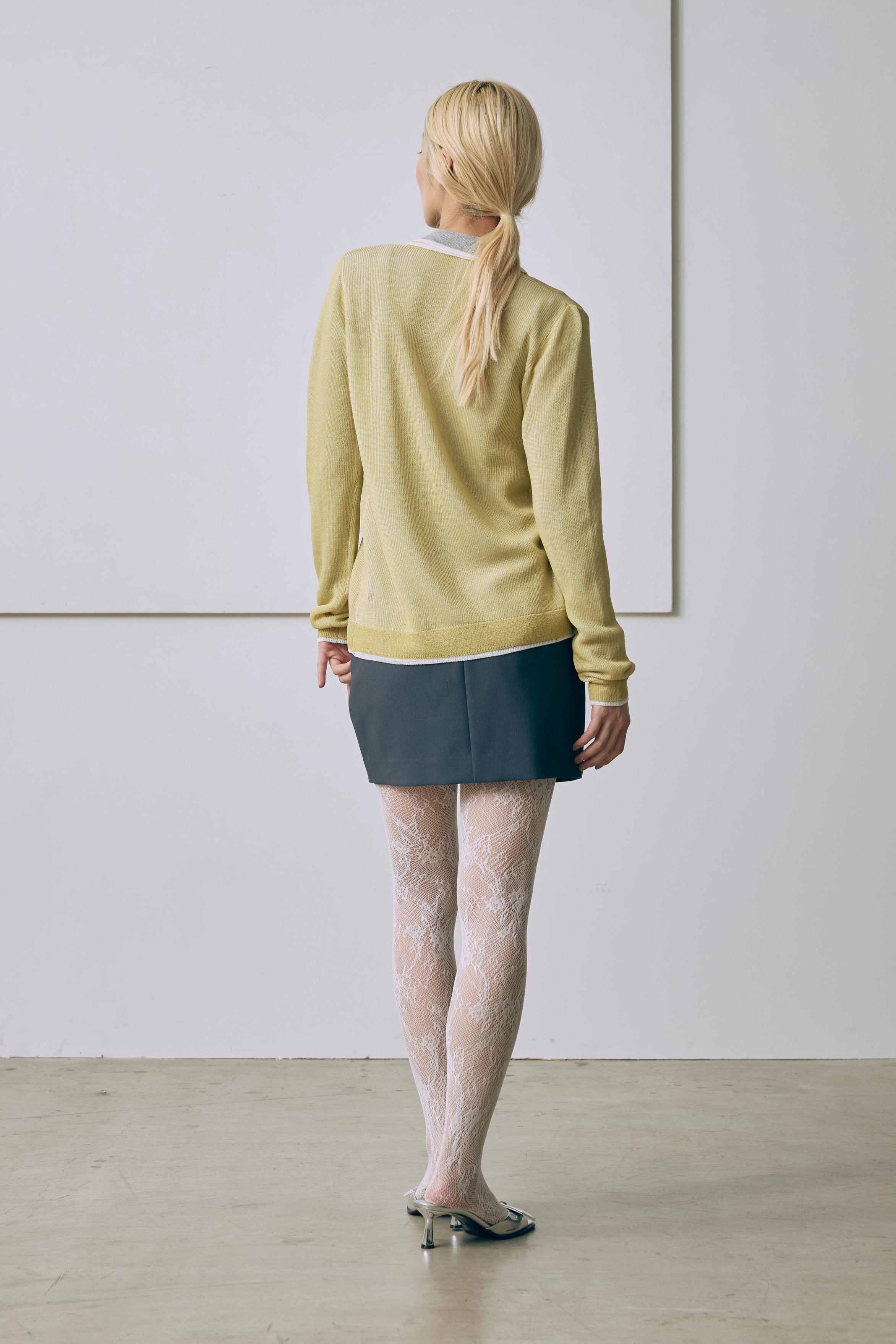 Linen-Feel Color-Block Tunic Cardigan イエロー