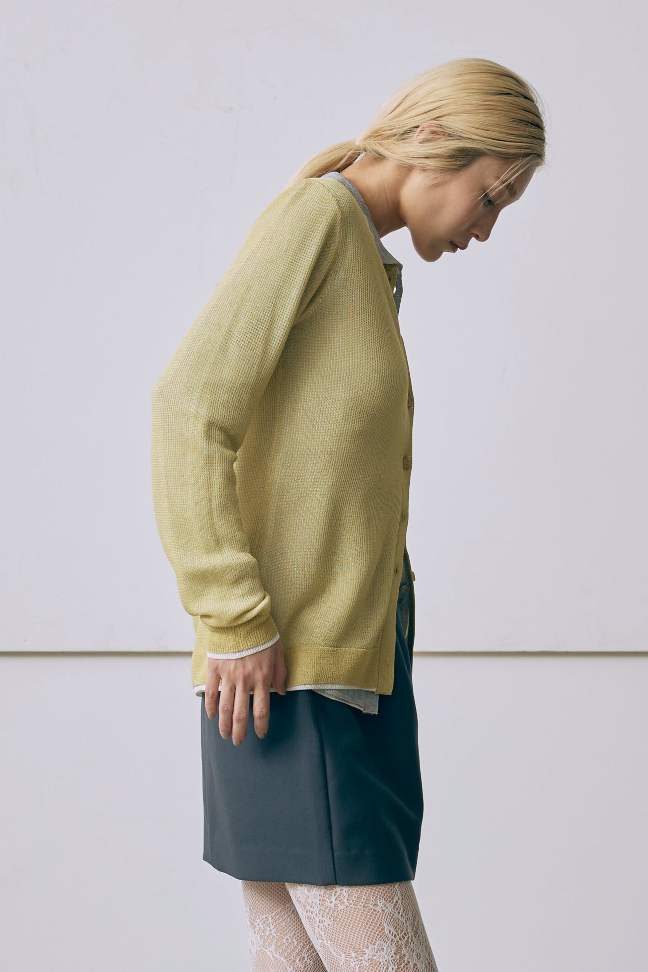 Linen-Feel Color-Block Tunic Cardigan イエロー