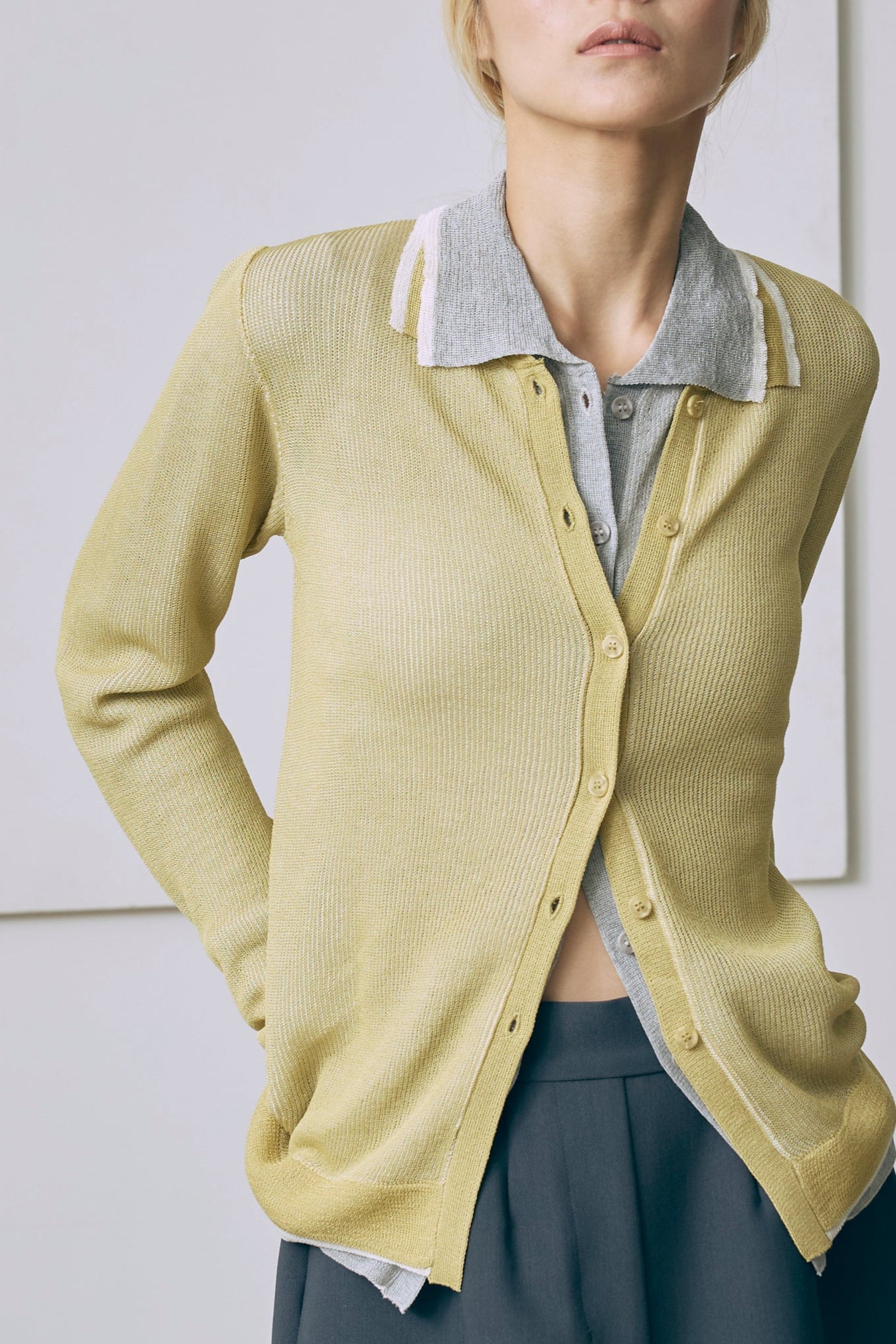 Linen-Feel Color-Block Tunic Cardigan イエロー