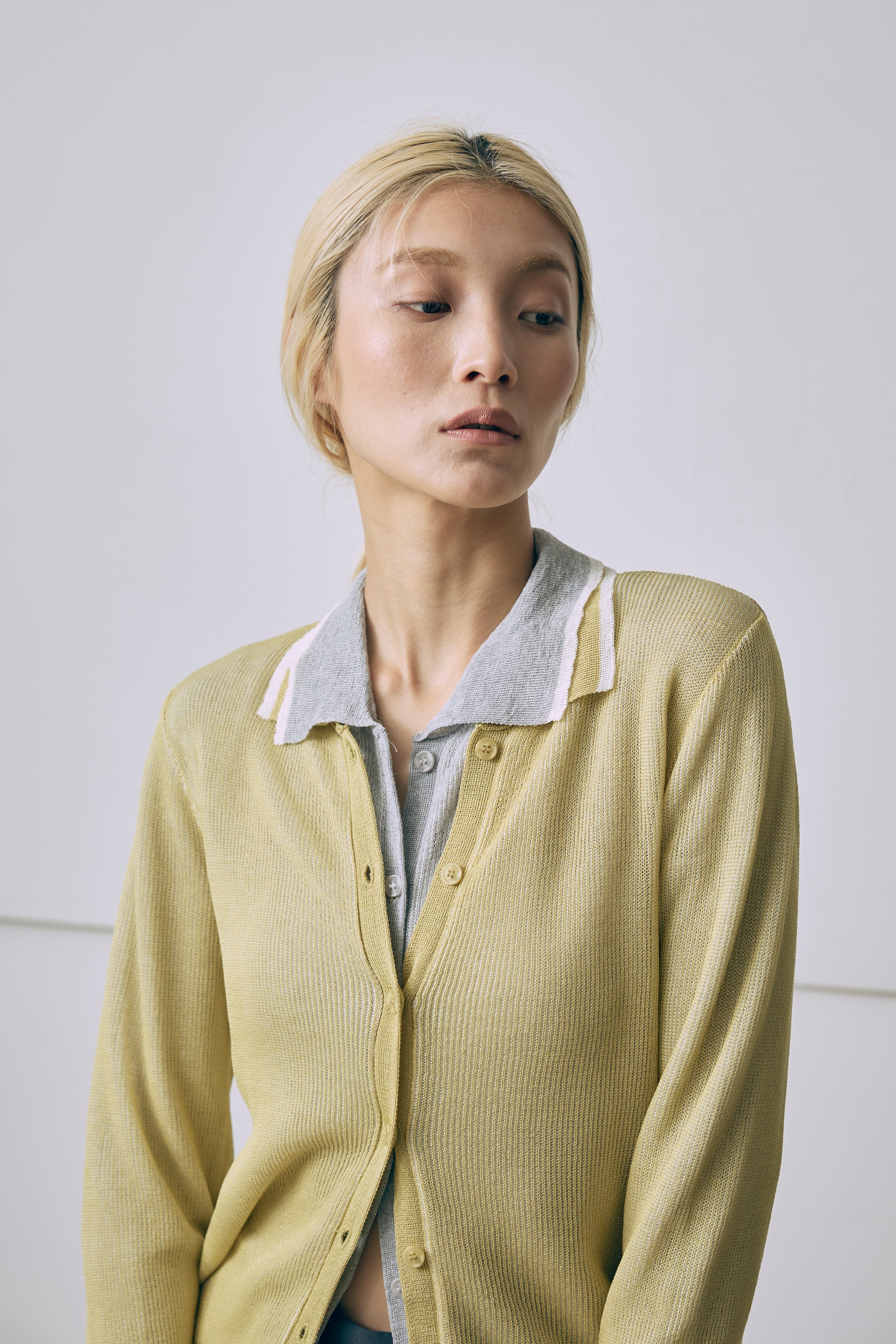 Linen-Feel Color-Block Tunic Cardigan イエロー