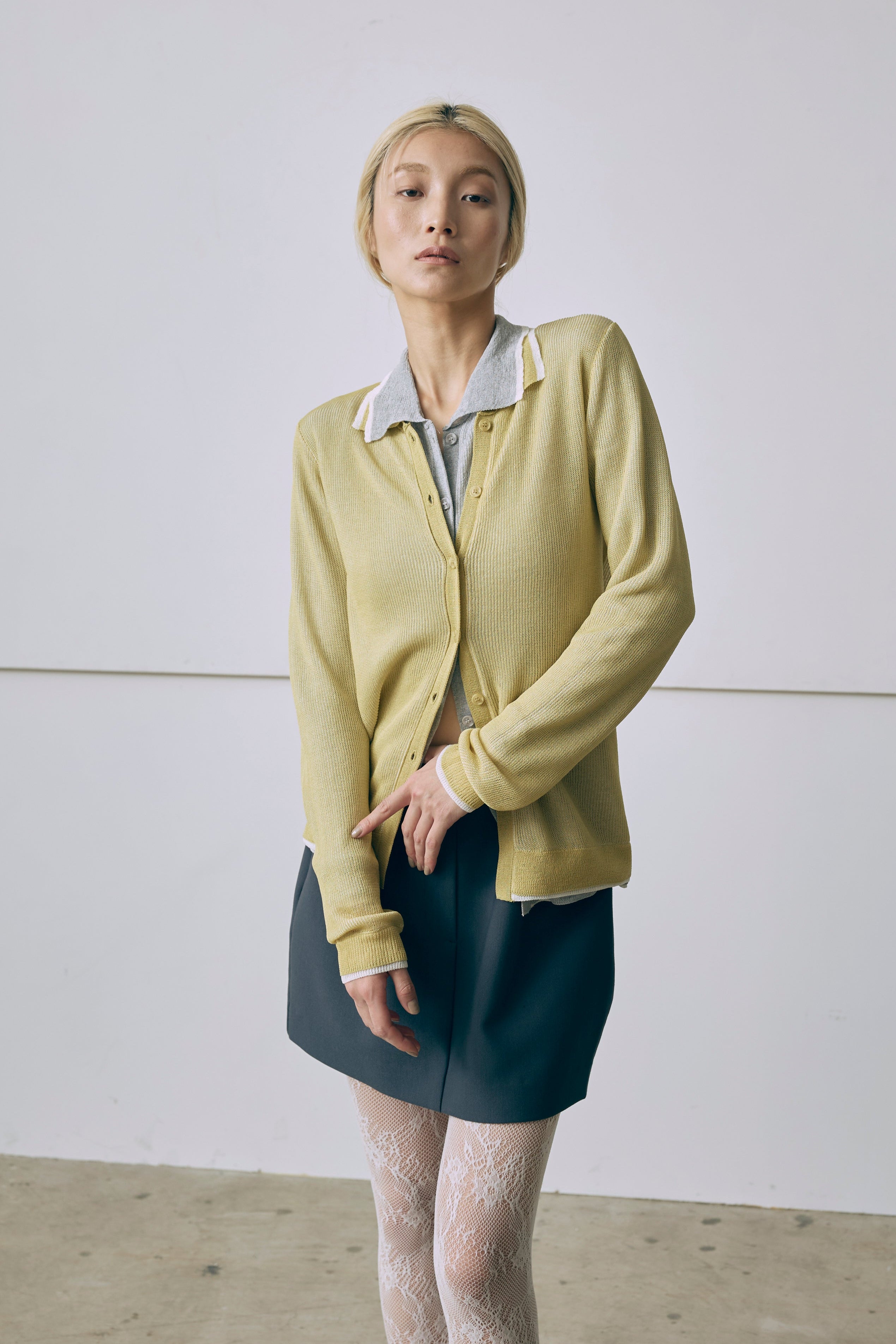 Linen-Feel Color-Block Tunic Cardigan イエロー