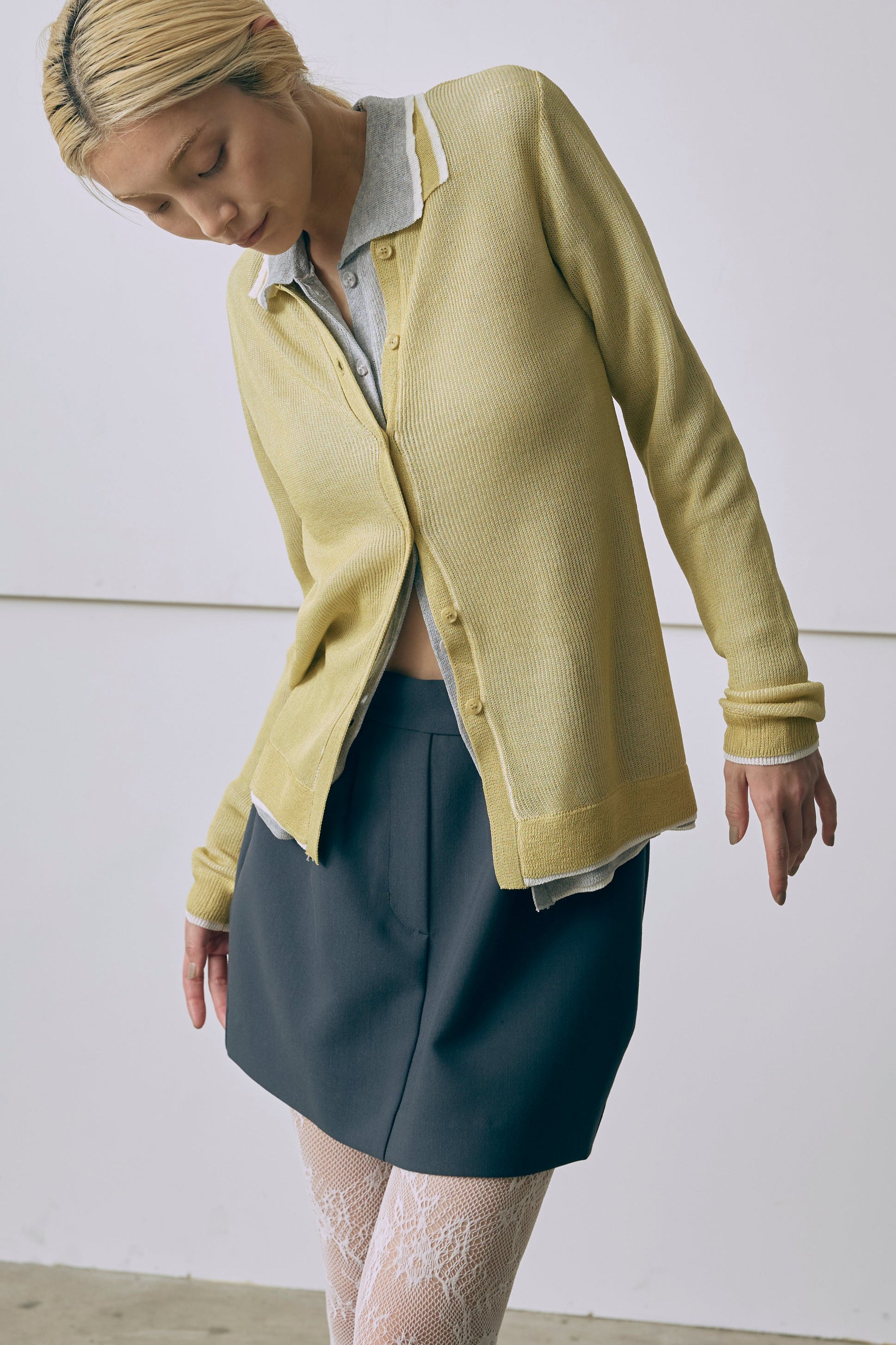 Linen-Feel Color-Block Tunic Cardigan イエロー