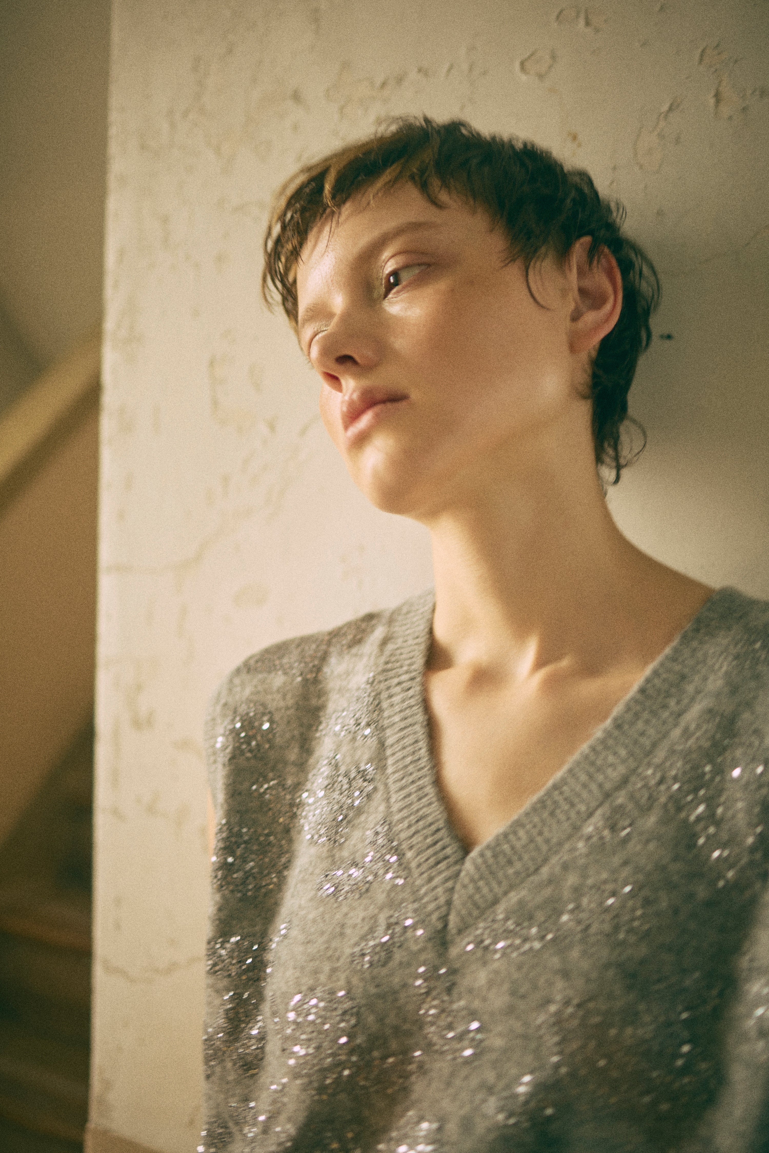 Sequin Jacquard Knit Vest 杢グレー