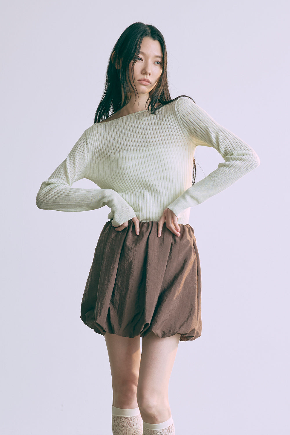 Boat Neck Ribbed Sheer Knit ミント