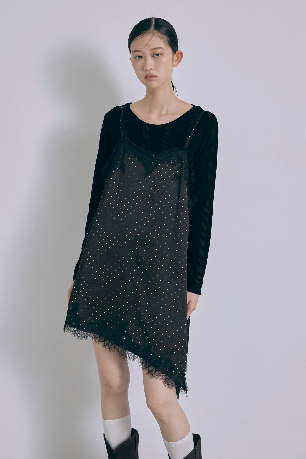Polka Dot Satin Lace Cami Dress ブラック size:F model:175cm SENPING