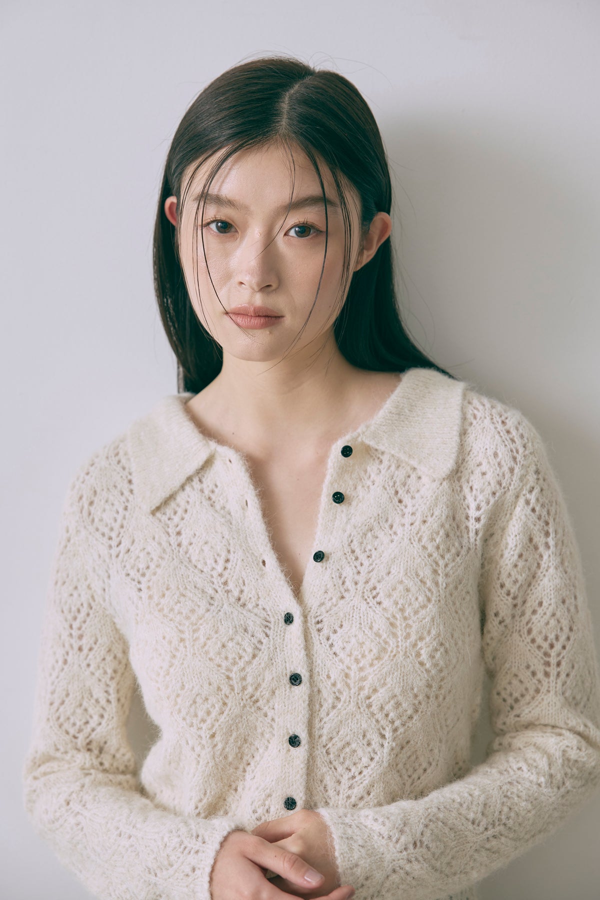 Mohair-Like Open Knit Polo アイボリー