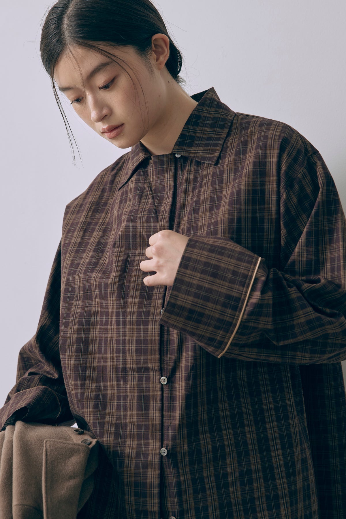 Satin Piping Checked Pajama Shirt