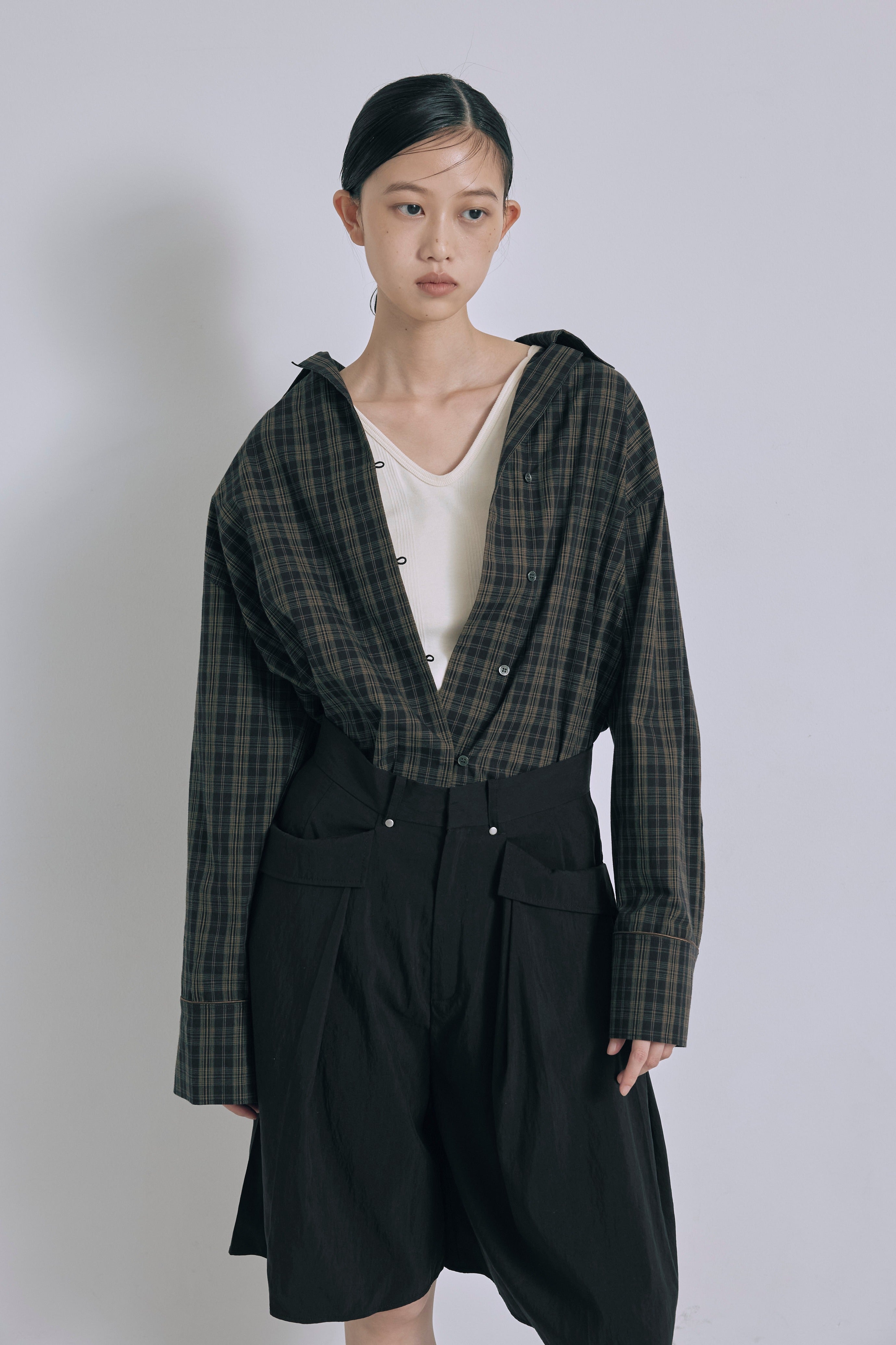 Satin Piping Checked Pajama Shirt ブラック size:1 model:175cm SENPING