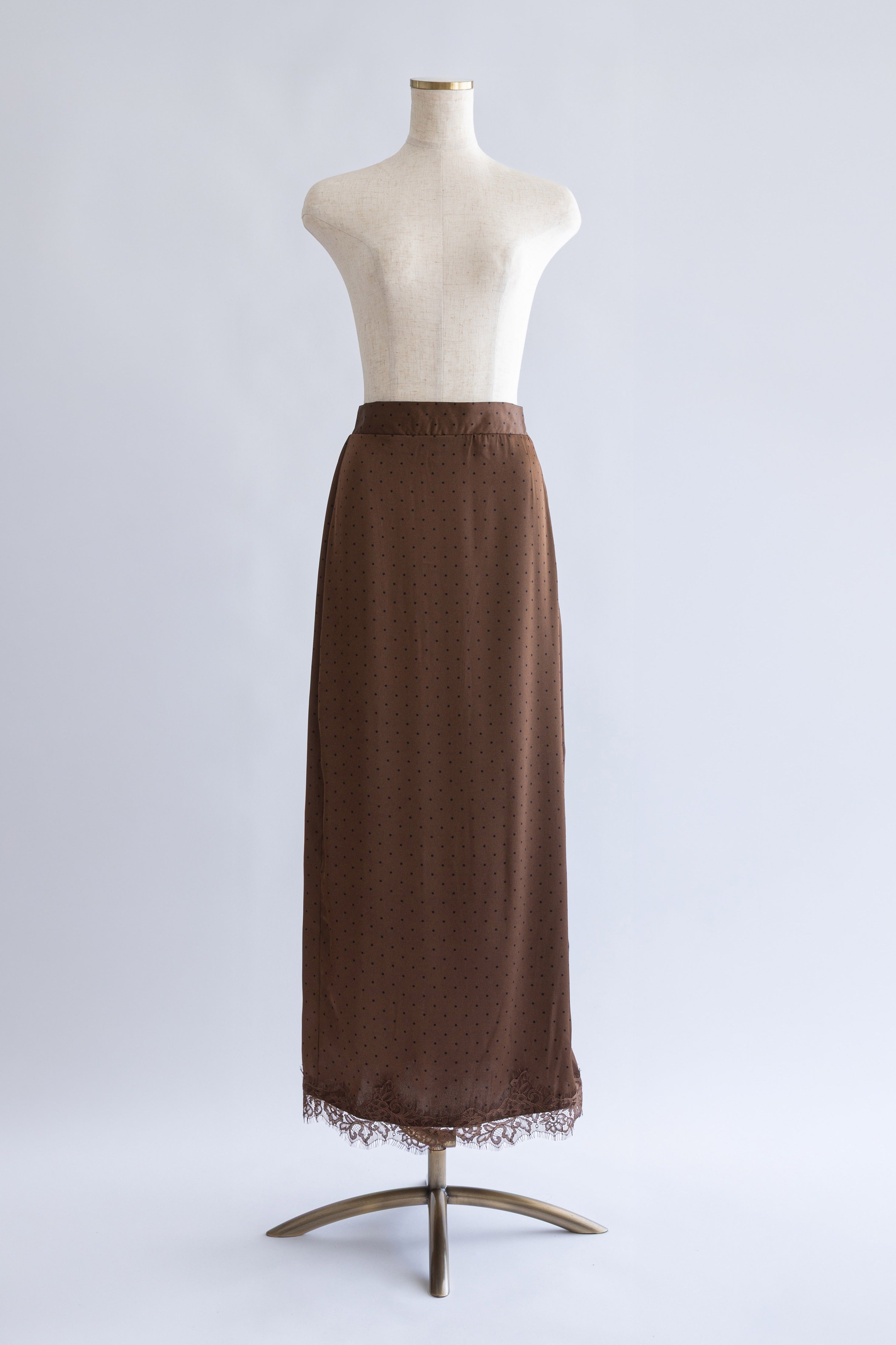 Polka Dot Satin Lace Trim Skirt ブラウン