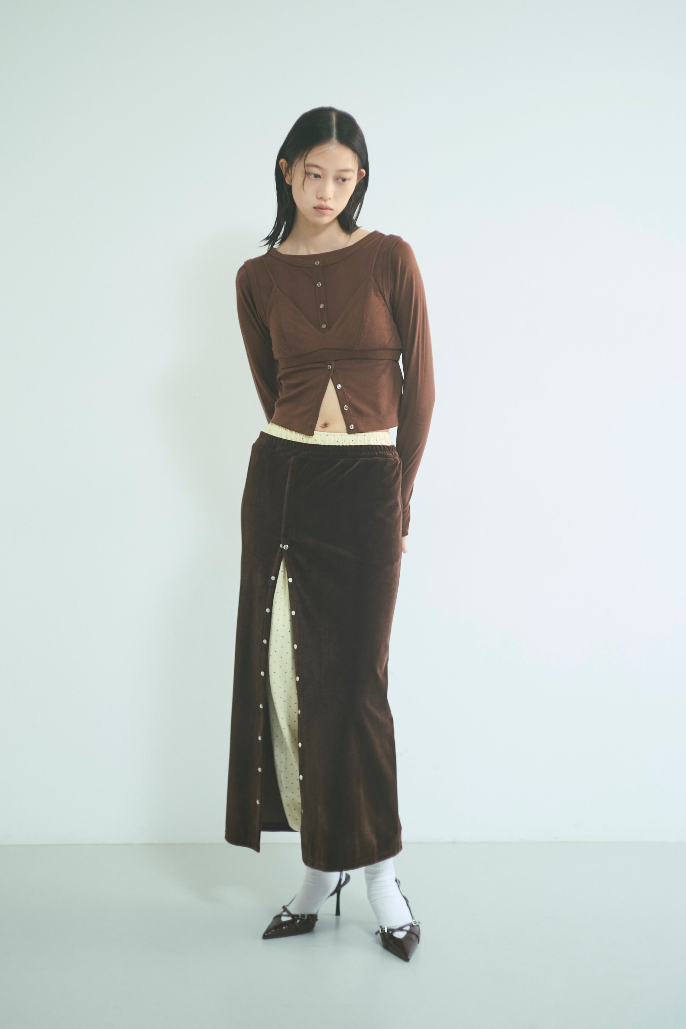 Velour Snap-Detail I-Line Skirt