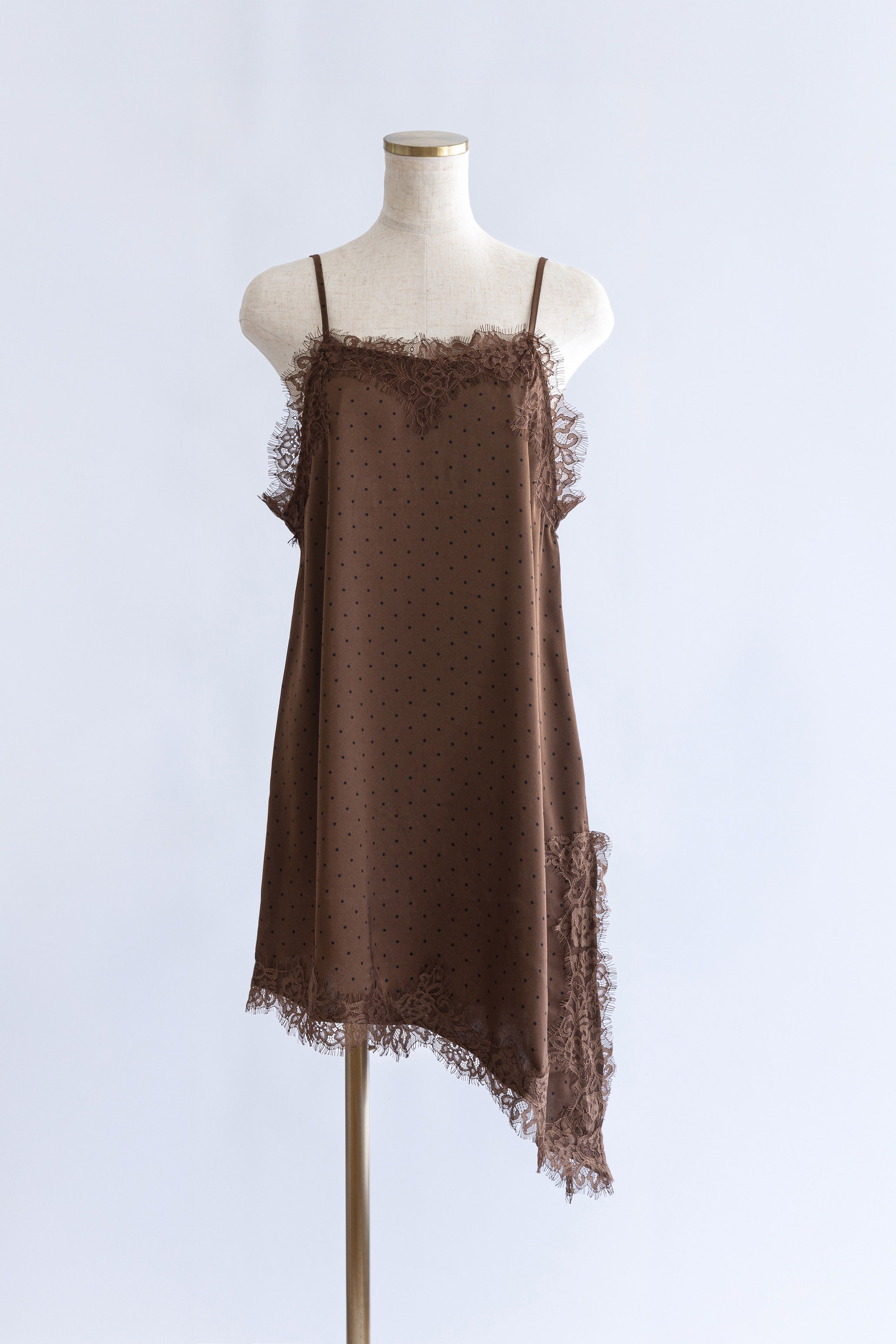 Polka Dot Satin Lace Cami Dress ブラウン