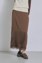 Polka Dot Satin Lace Trim Skirt ブラウン