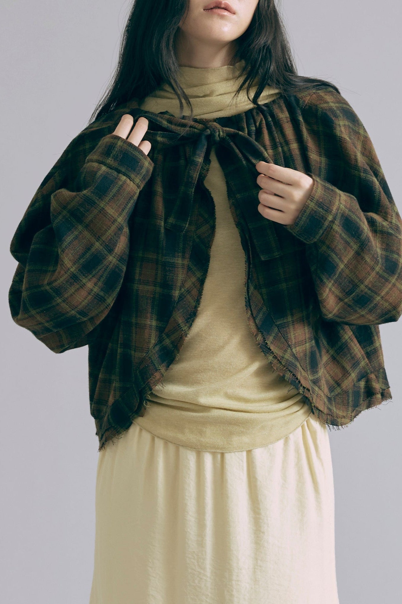 2Way Checked Gather Ribbon Tops グリーン