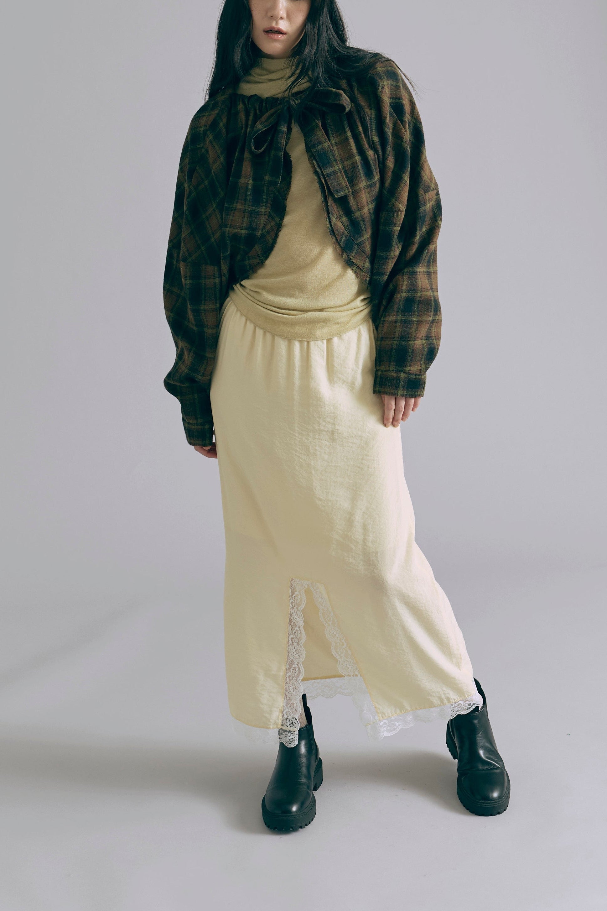 2Way Checked Gather Ribbon Tops グリーン