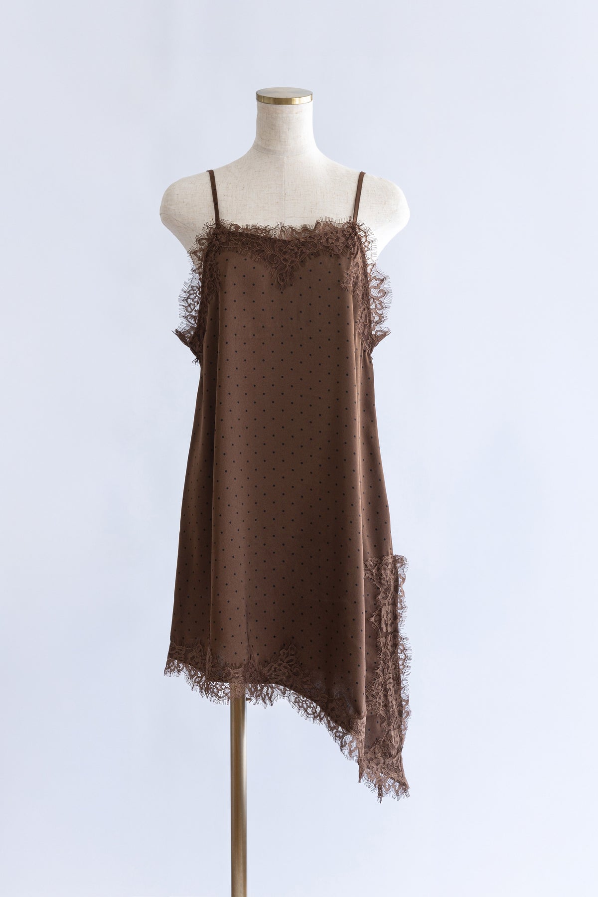Polka Dot Satin Lace Cami Dress ブラウン