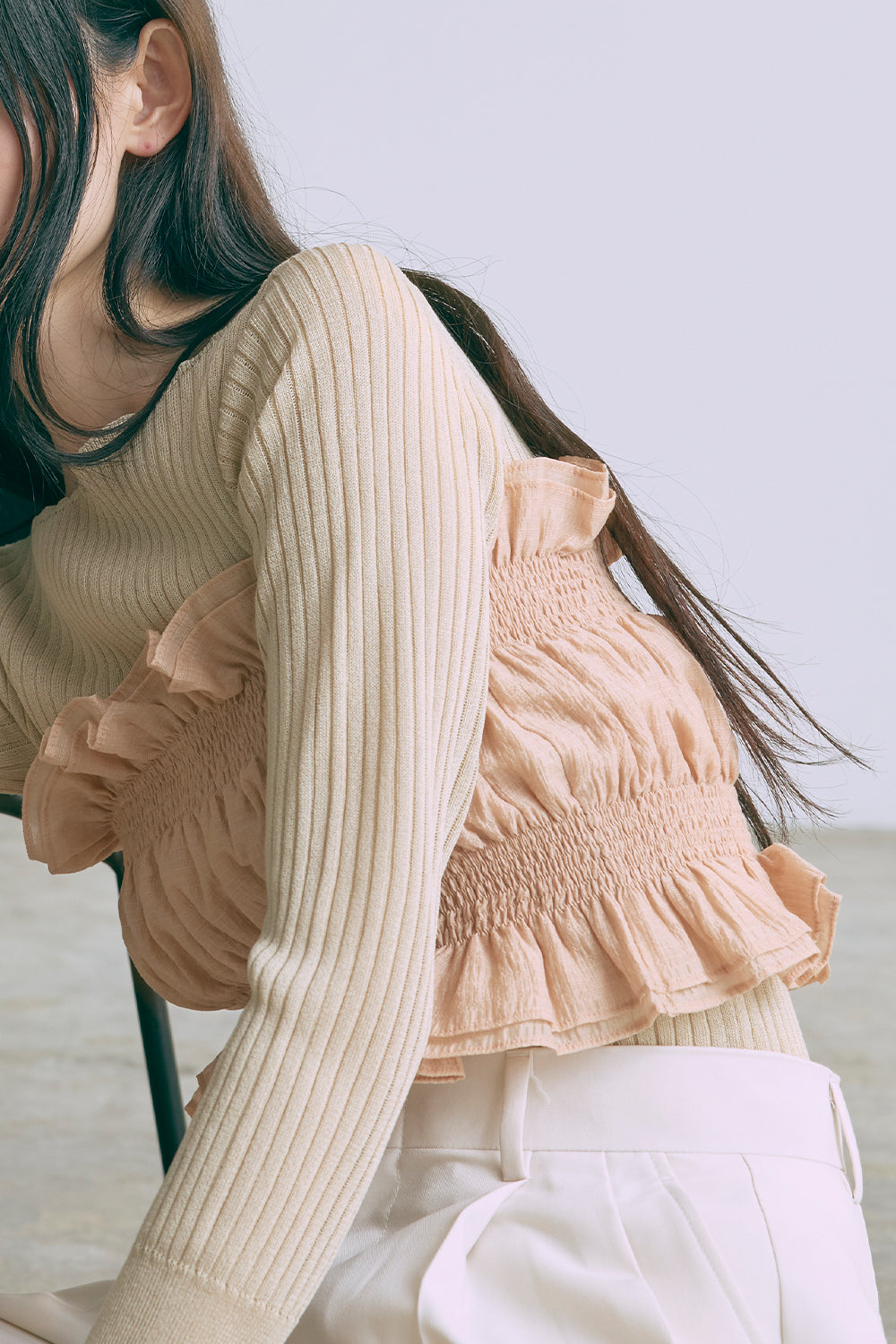 Boat Neck Ribbed Sheer Knit ベージュ