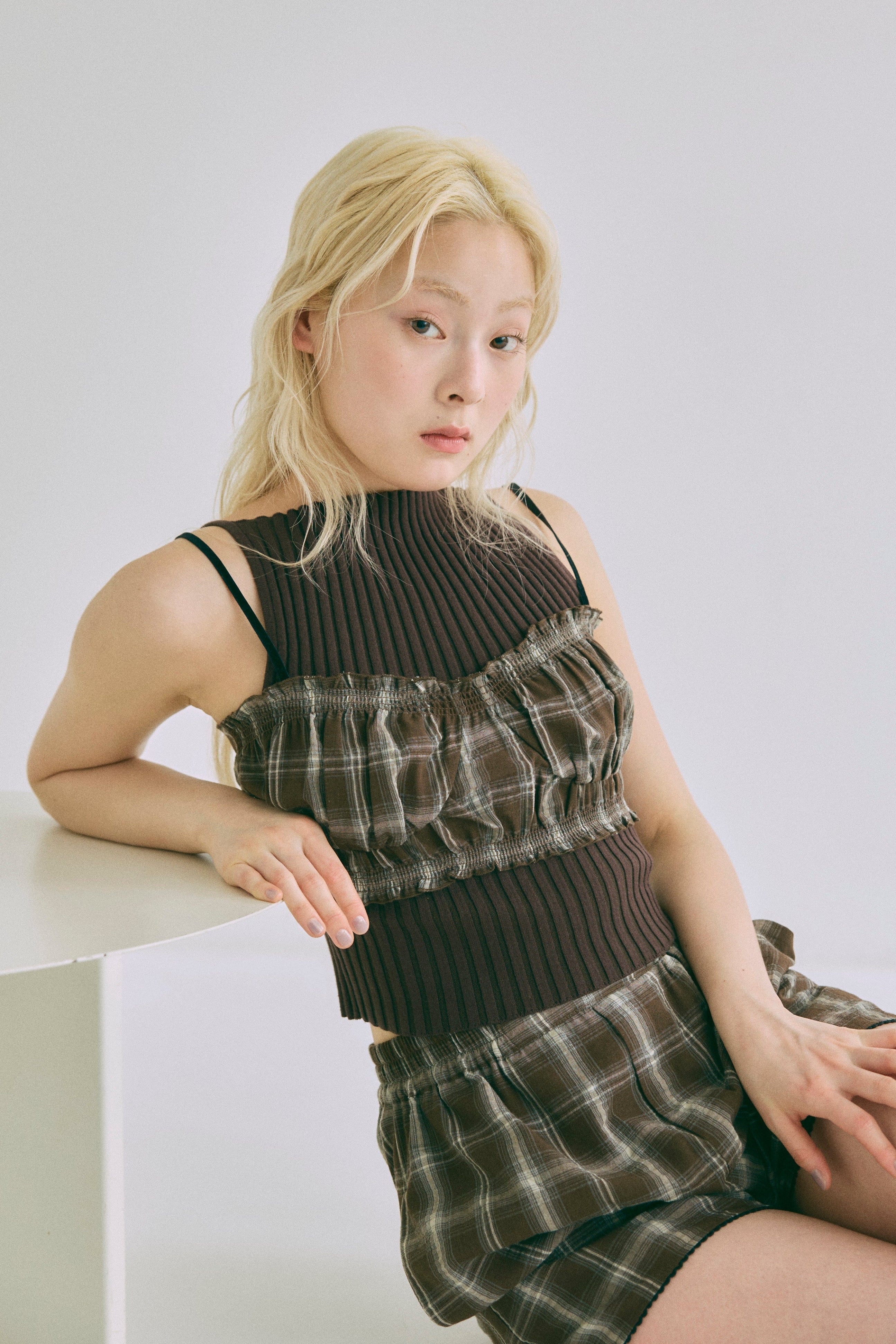 【Set Up】Gather Checked Bandeau ブラウン