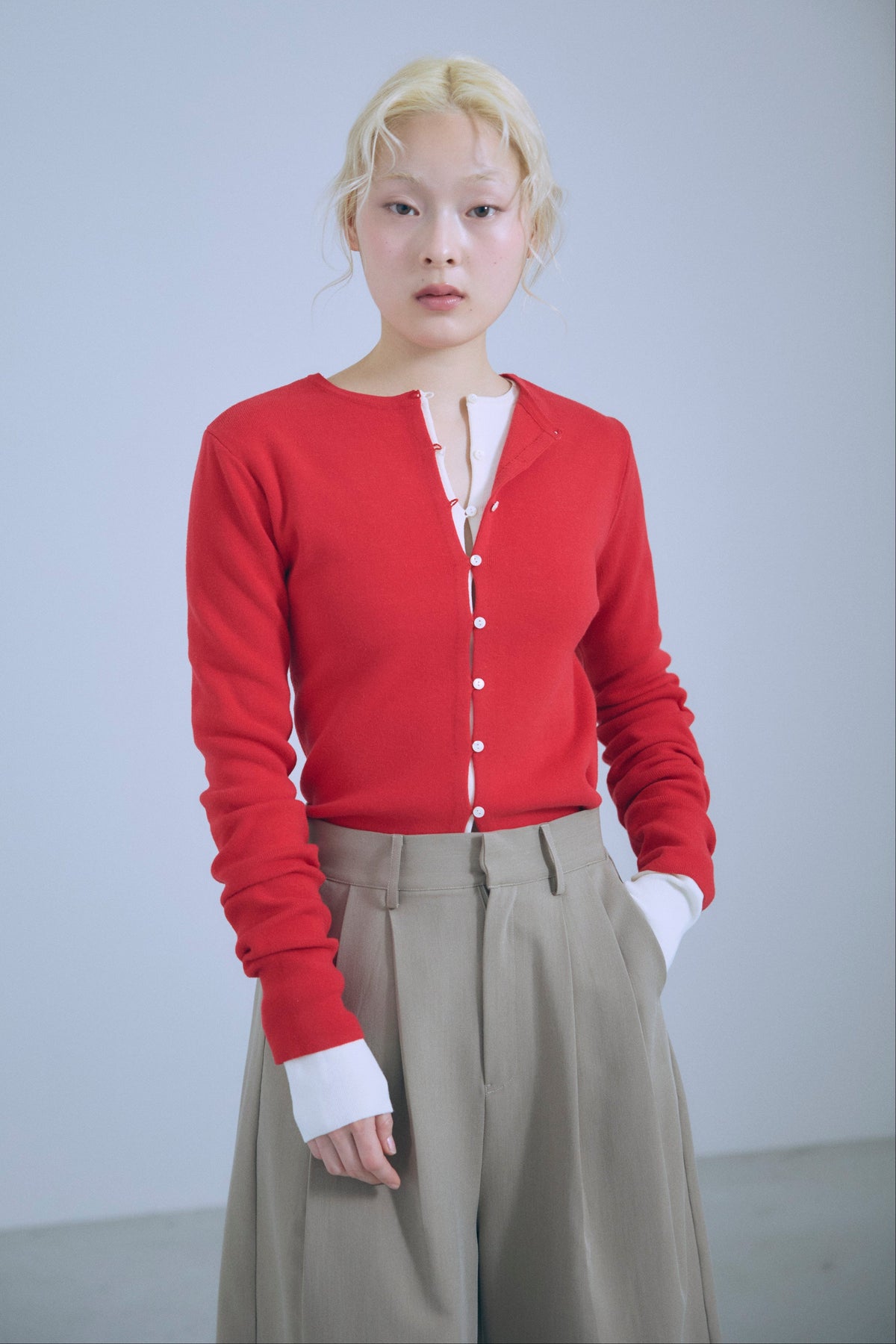Multi-button 2Way Knit レッド size:F model:162cm MIU