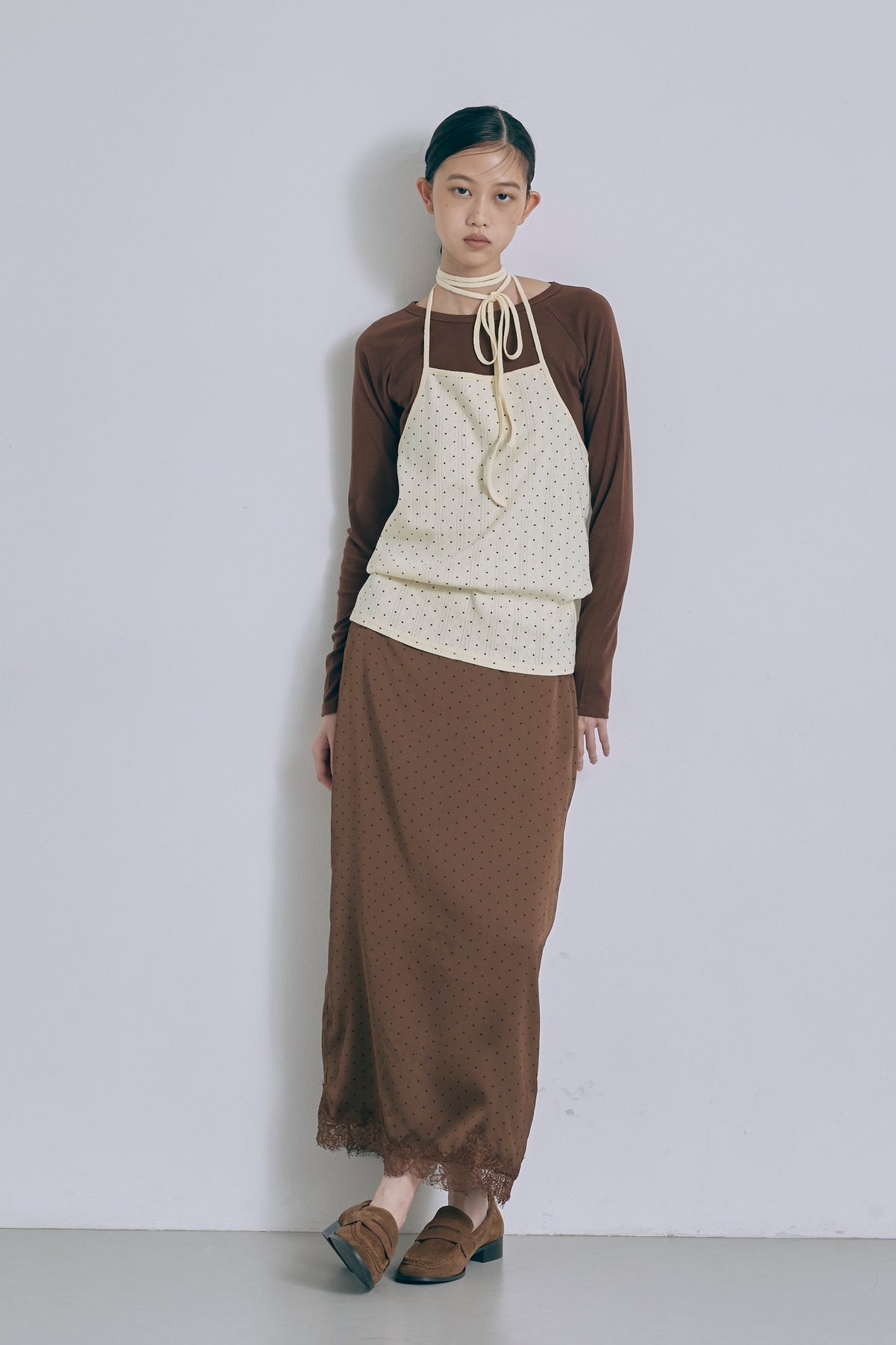 Polka Dot Satin Lace Trim Skirt ブラウン size:F model:175cm SENPING
