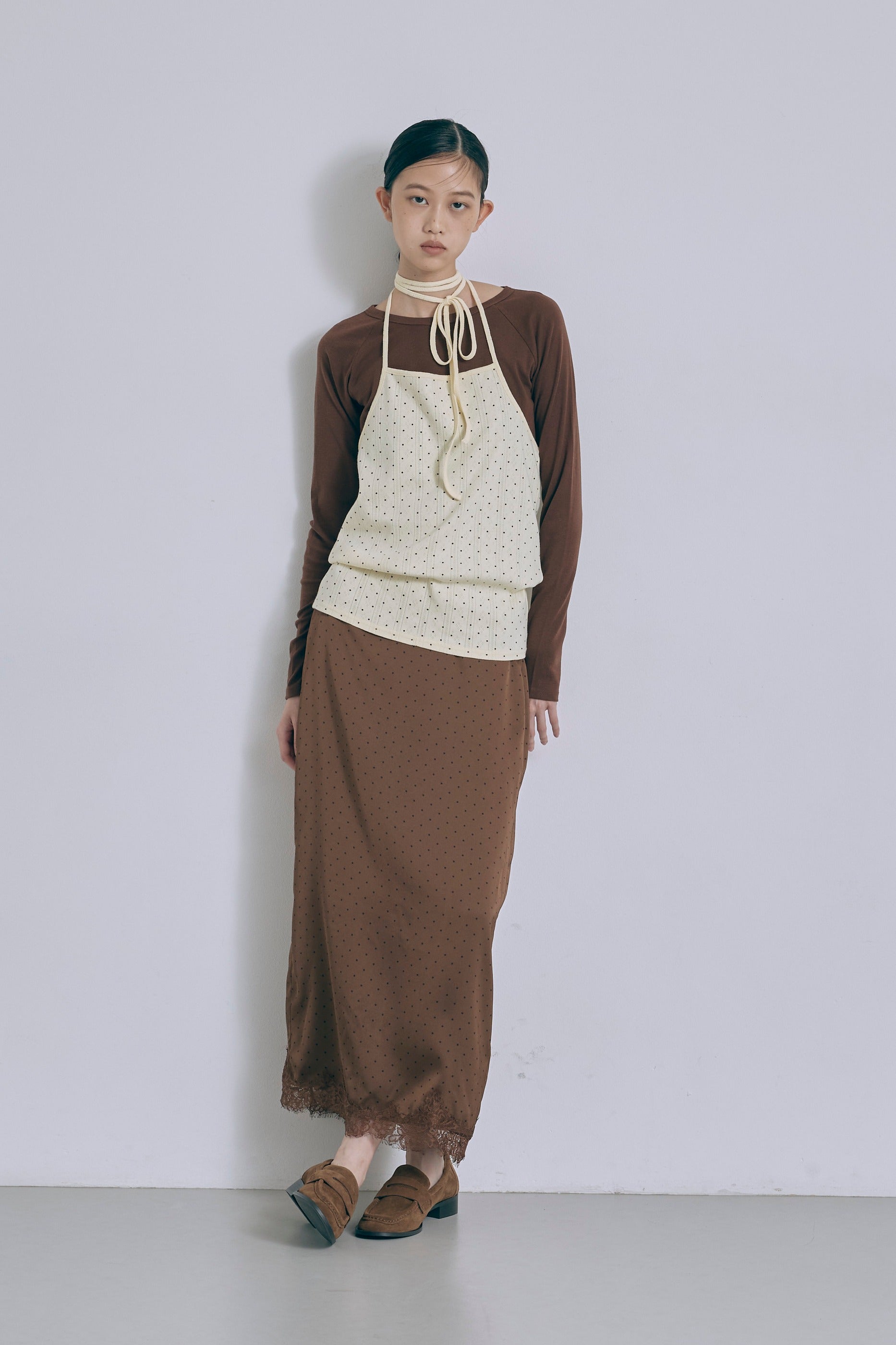 Polka Dot Satin Lace Trim Skirt ブラウン size:F model:175cm SENPING