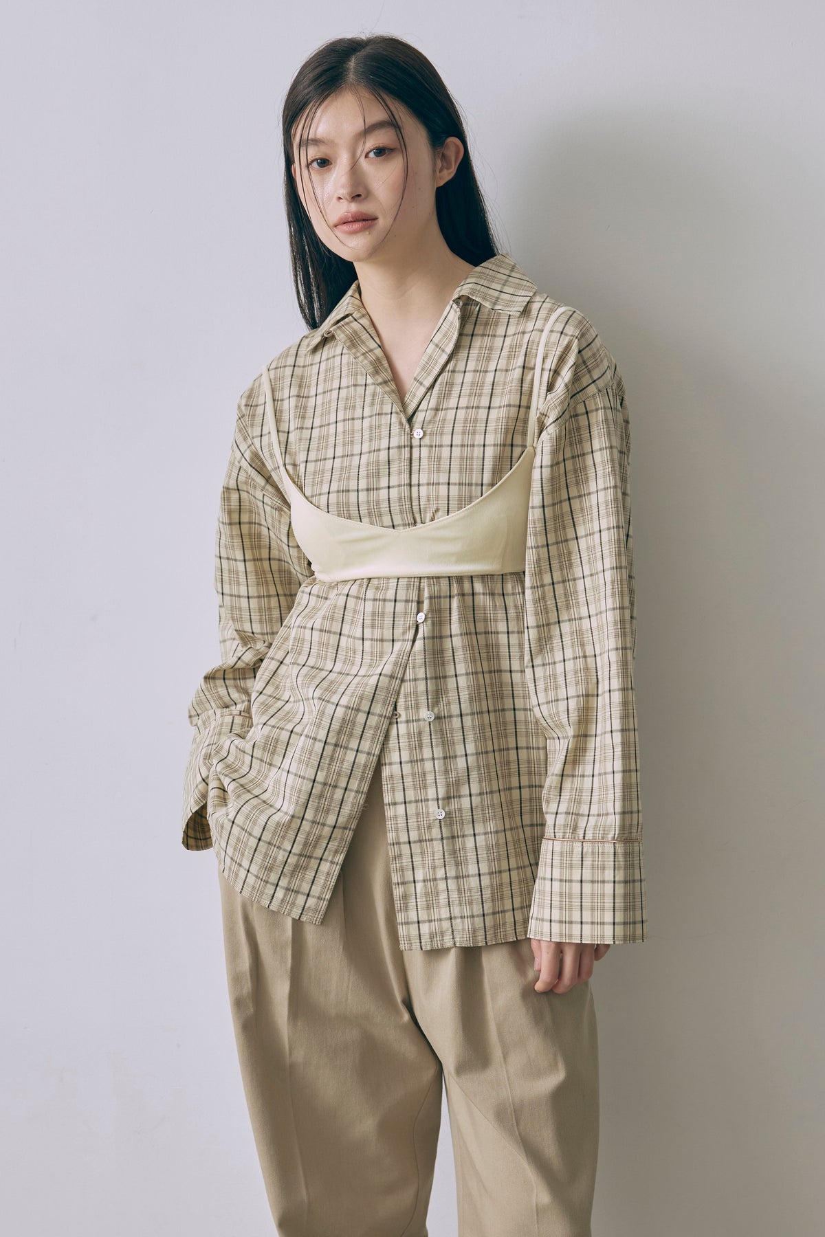 Satin Piping Checked Pajama Shirt ライトベージュ size:1 model:171cm YUUMIKO