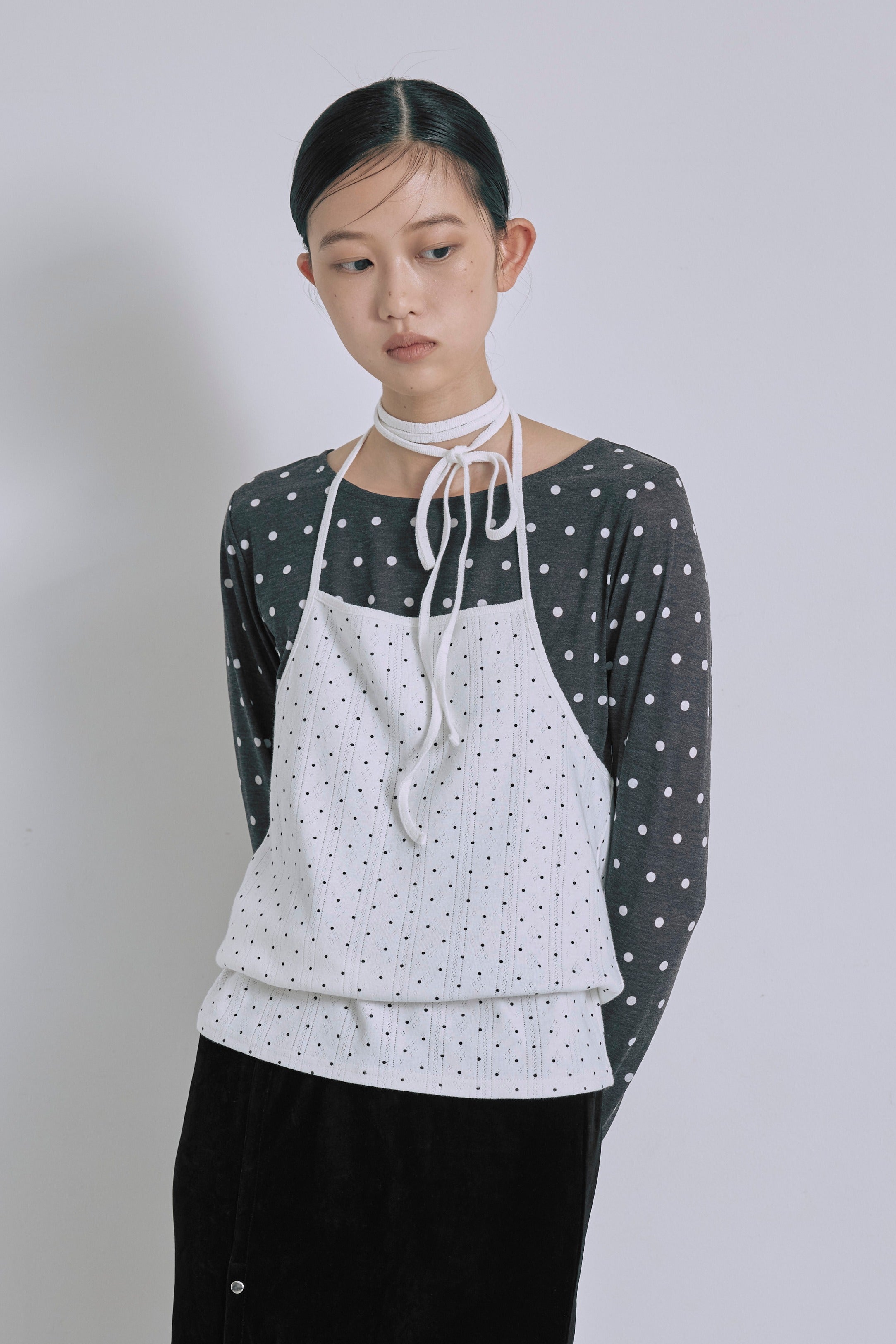 Sheer Dotted Crewneck Long Tee ブラック size:F model:175cm SENPING