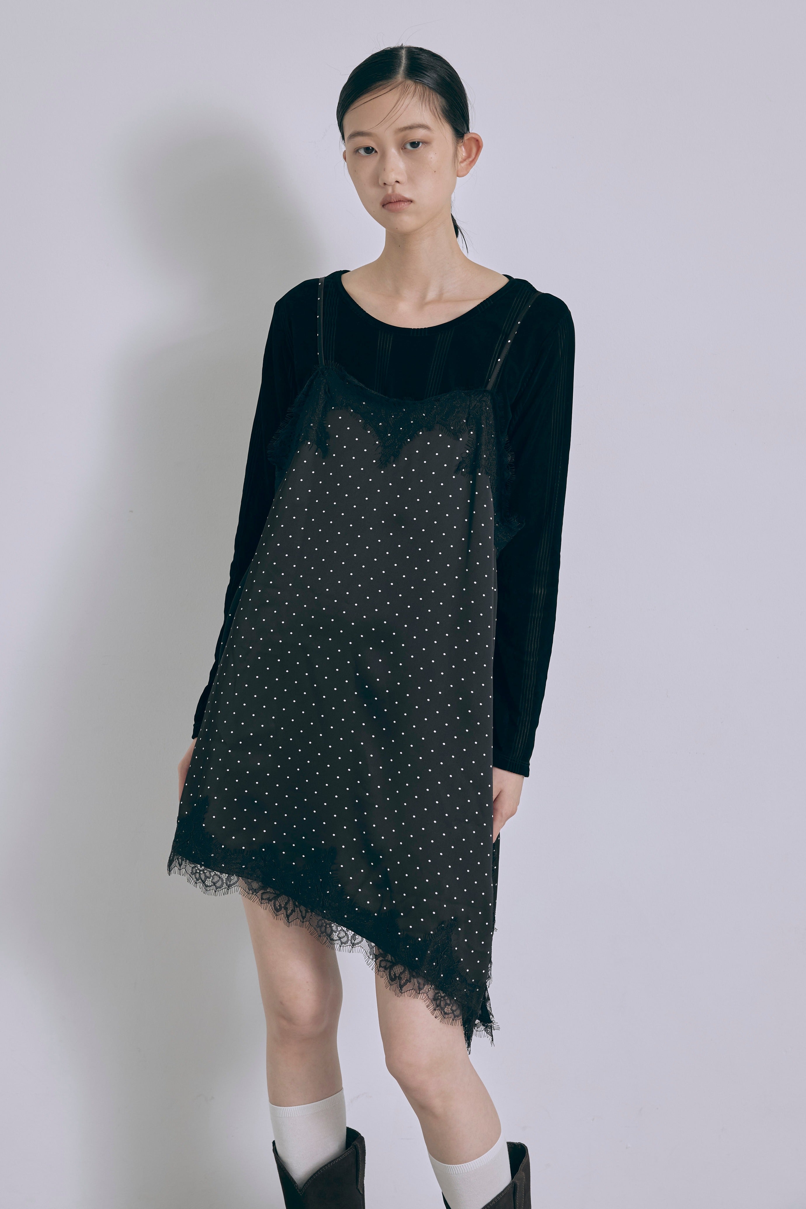 Polka Dot Satin Lace Cami Dress ブラック size:F model:175cm SENPING