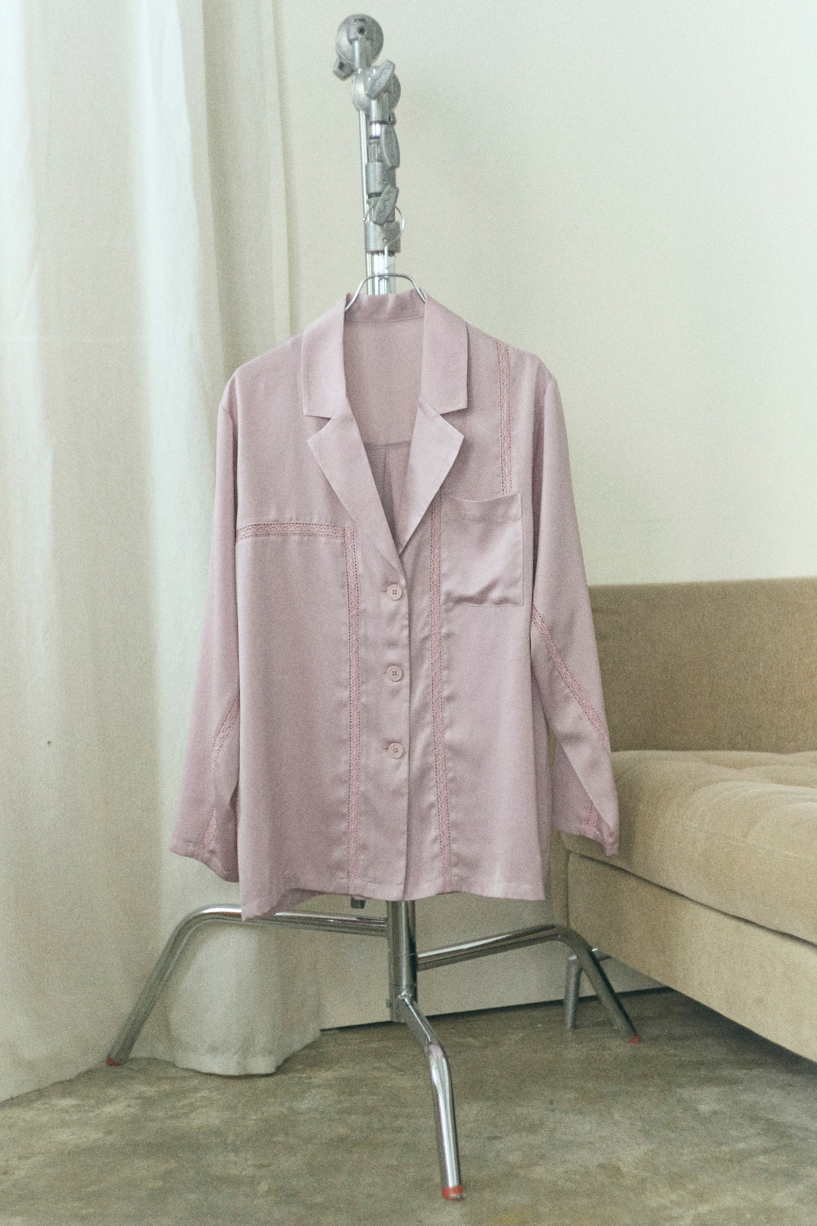 Lace-Trim Satin Shirt Jacket ラベンダー