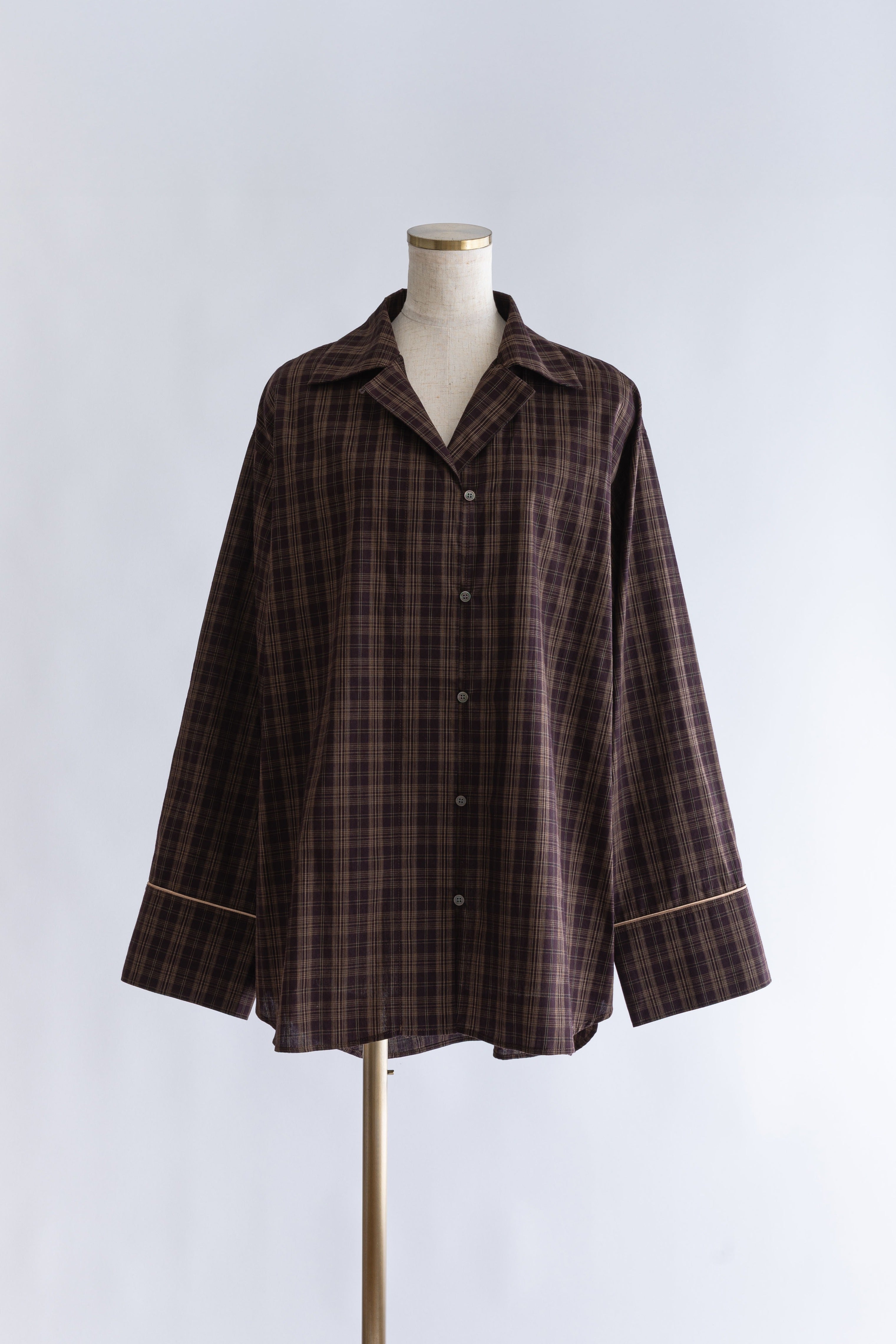 Satin Piping Checked Pajama Shirt ブラウン
