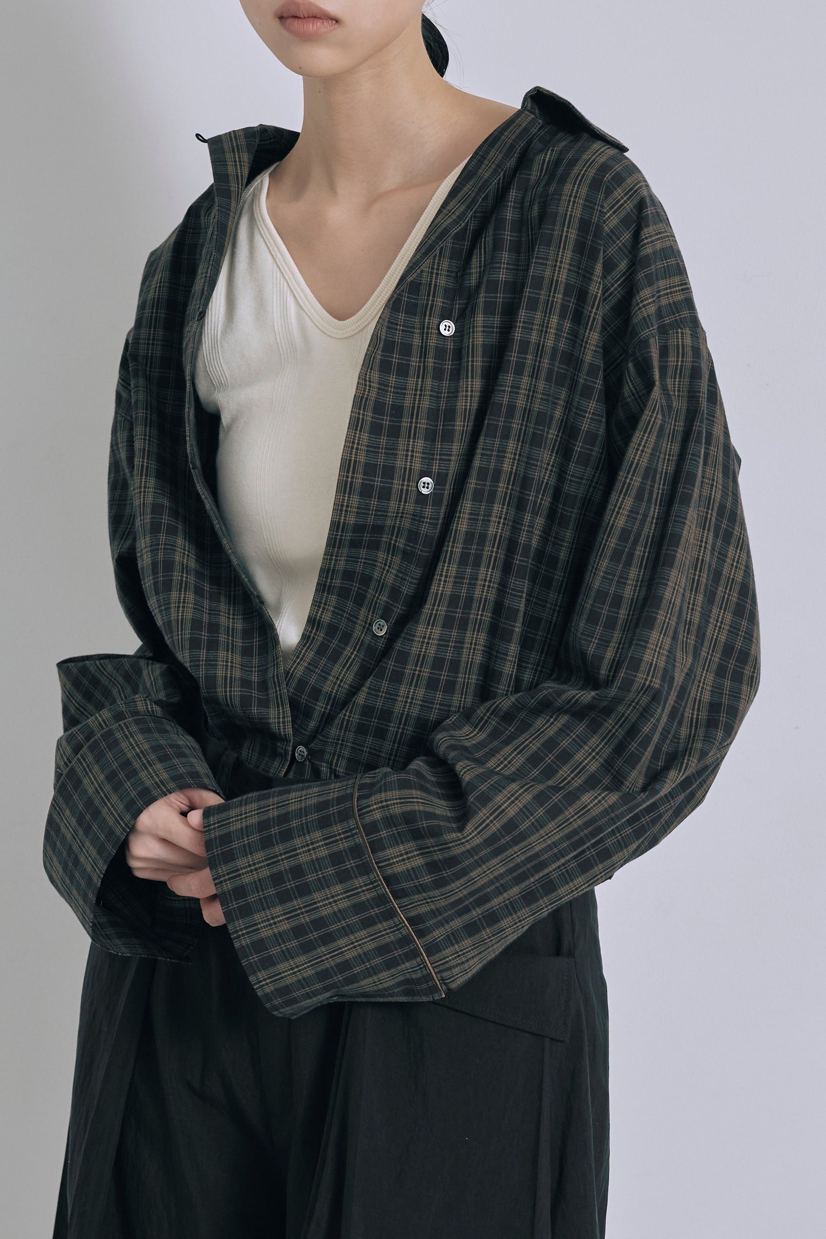 Satin Piping Checked Pajama Shirt