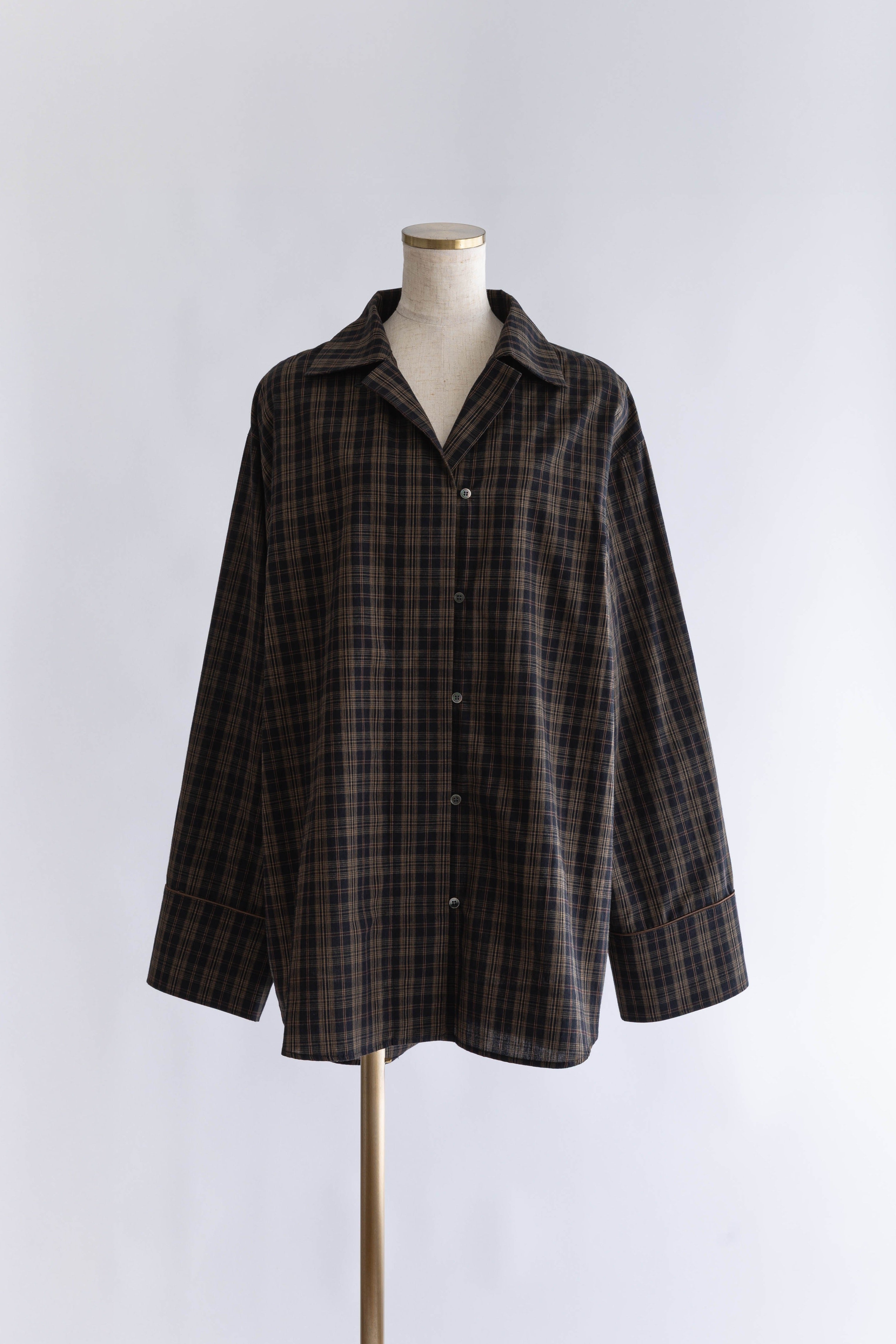 Satin Piping Checked Pajama Shirt ブラック