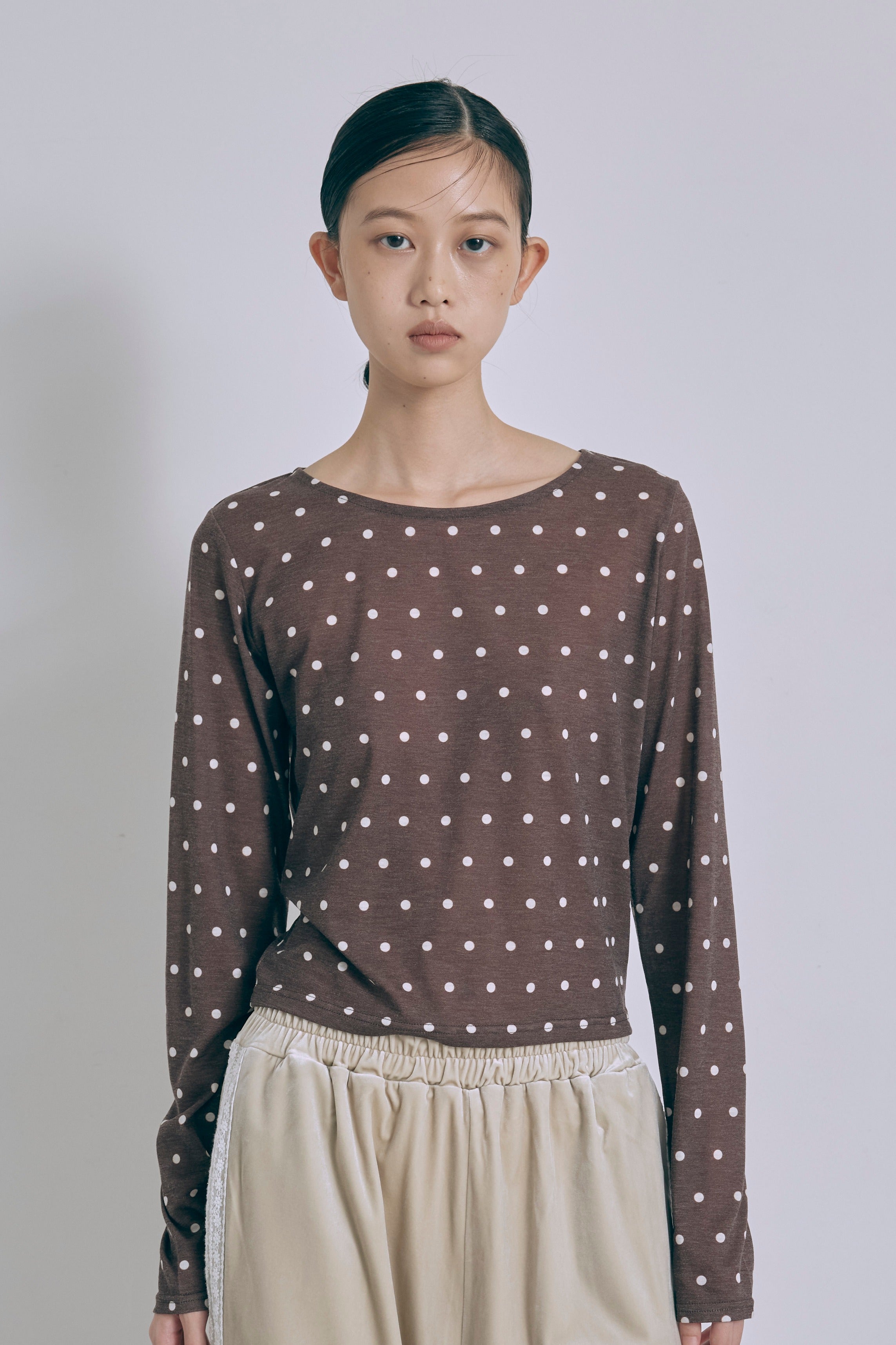 Sheer Dotted Crewneck Long Tee ブラウン size:F model:175cm SENPING