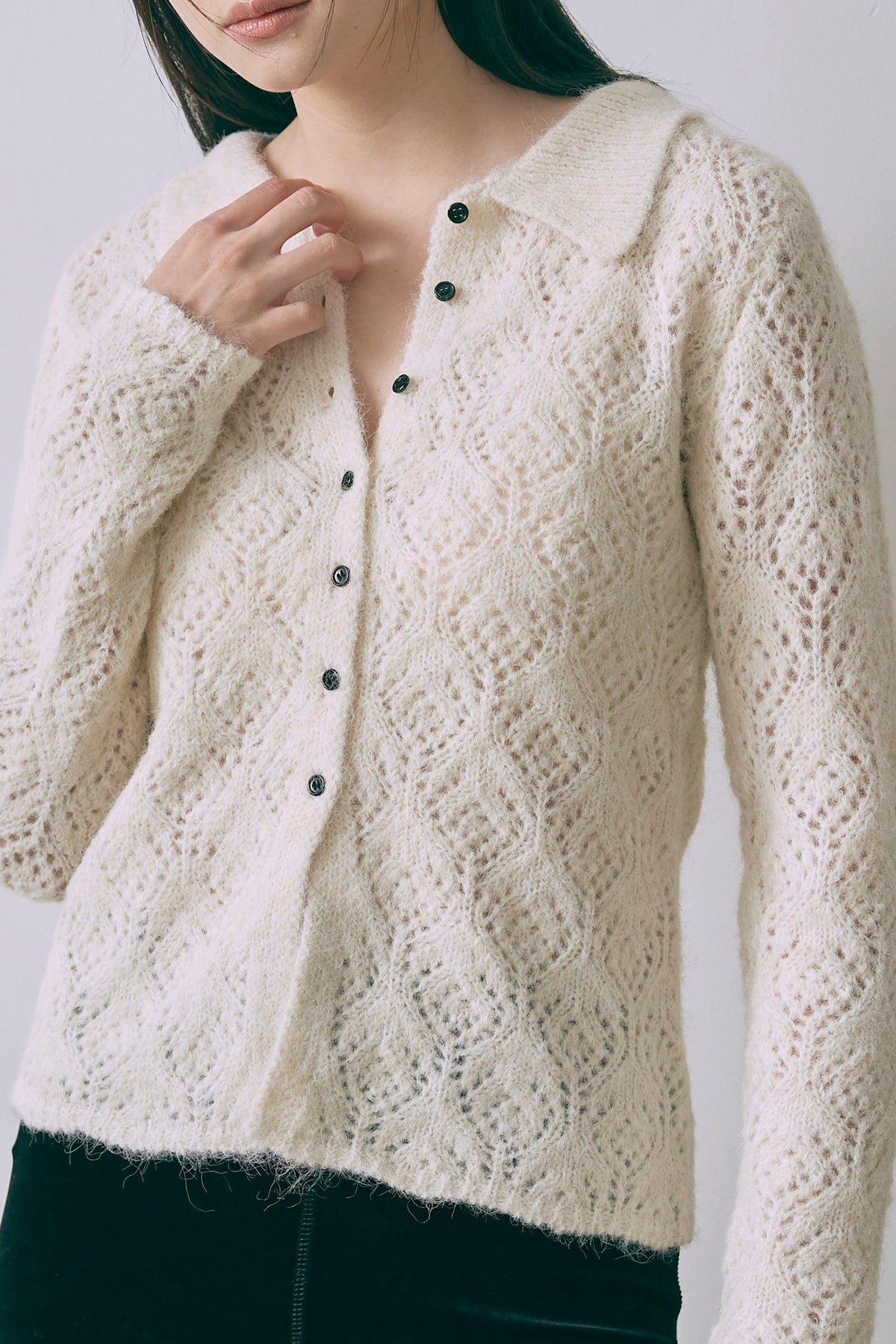 Mohair-Like Open Knit Polo アイボリー